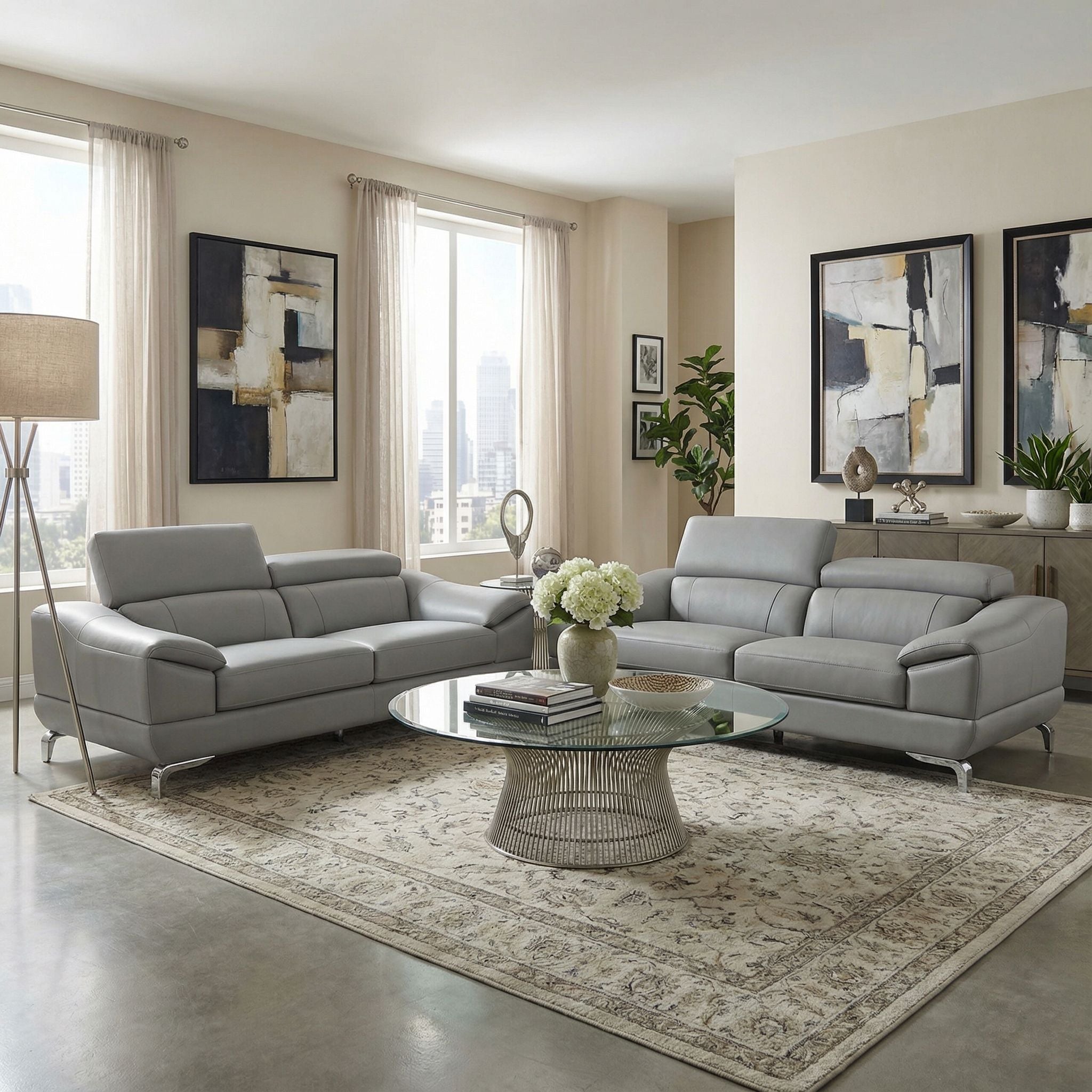 Vegas Genuine Leather Sofa with Adjustable Headrests, Light Grey 82"