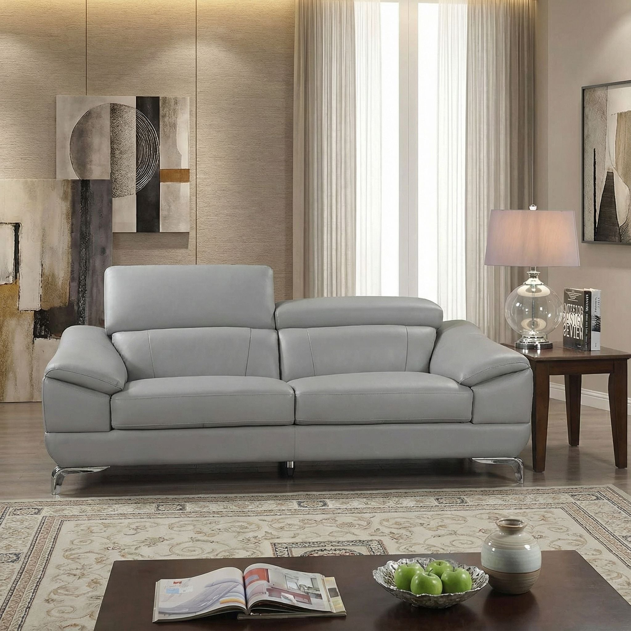 Vegas Genuine Leather Sofa with Adjustable Headrests, Light Grey 82"