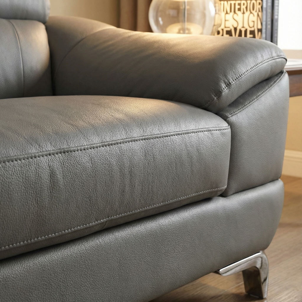 Vegas Genuine Leather Sofa with Adjustable Headrests, Light Grey 82"