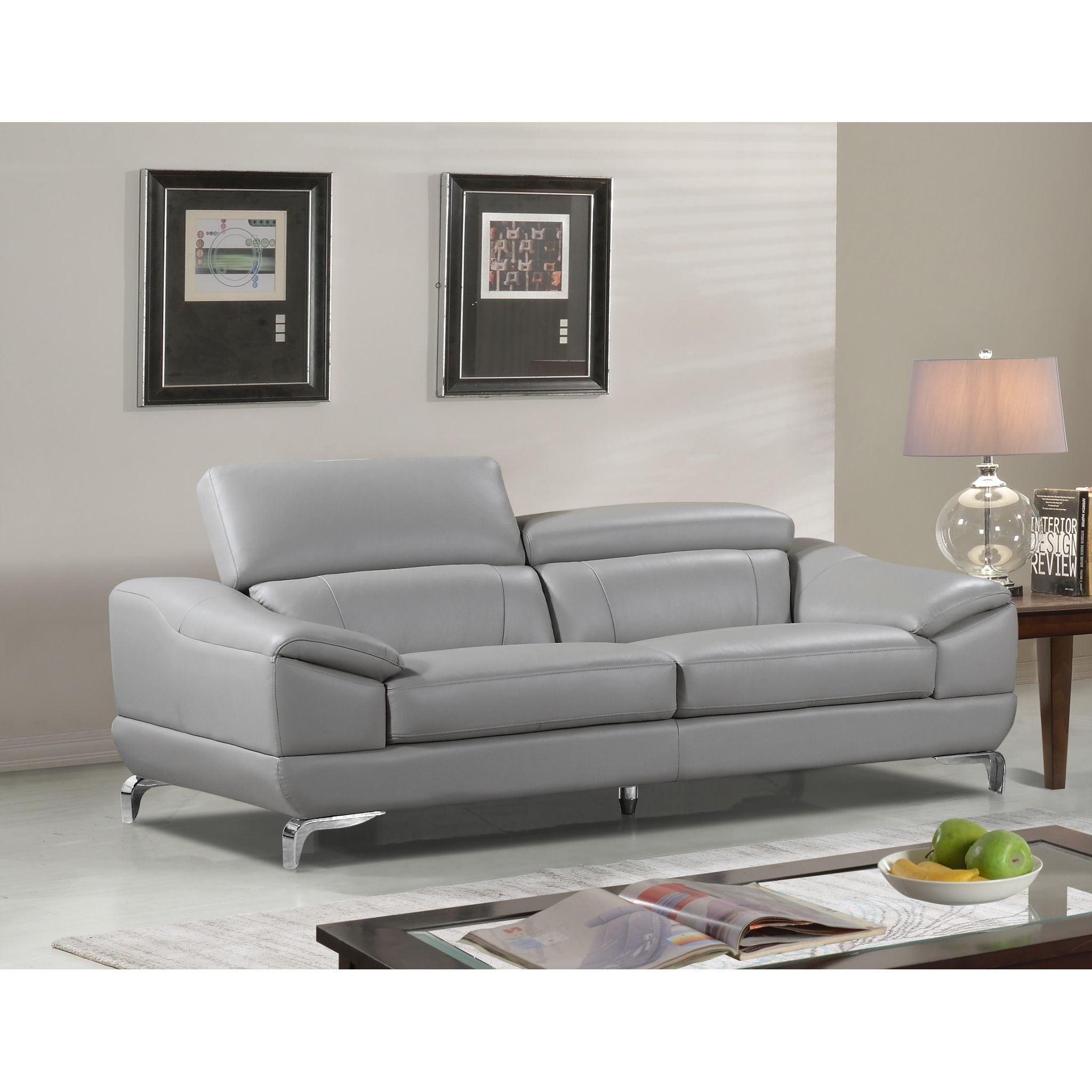 Vegas Genuine Leather Sofa with Adjustable Headrests, Light Grey 82"