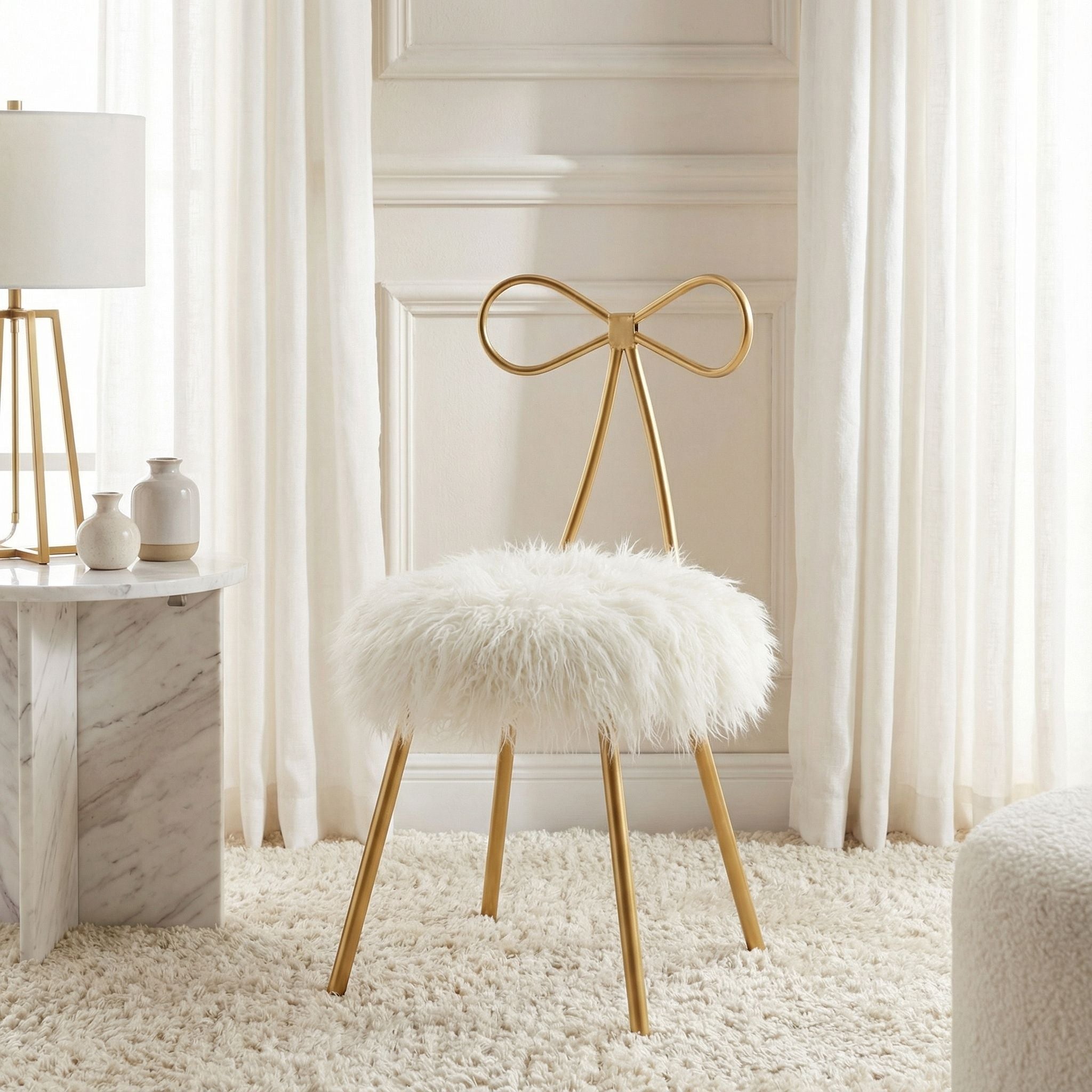 Tilly Accent Chair with Bow Detail, White Faux Fur