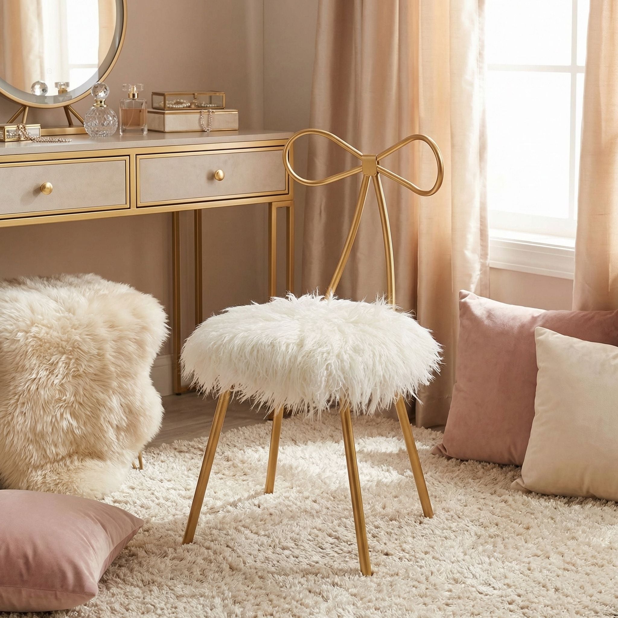 Tilly Accent Chair with Bow Detail, White Faux Fur