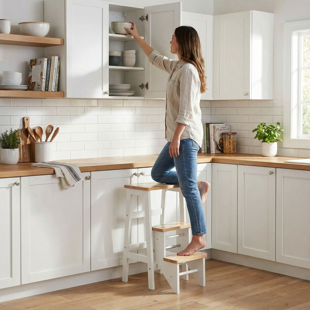 Druzi Barstool, Stepstool, Ladder, White/Natural Oak