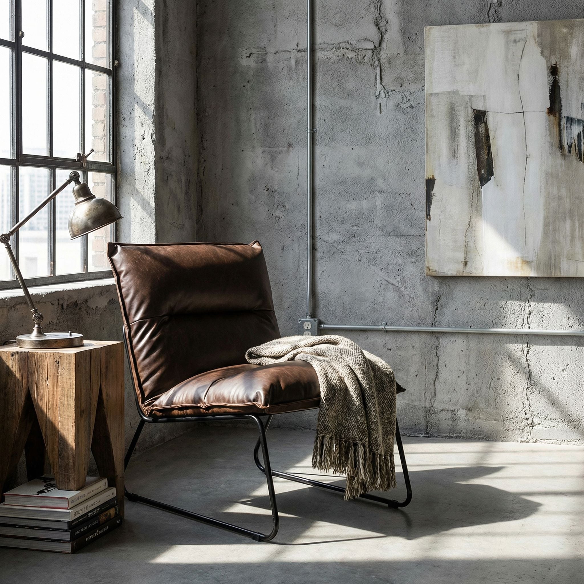 Havana Accent Chair in Distressed Brown faux Leather with Black Metal Legs