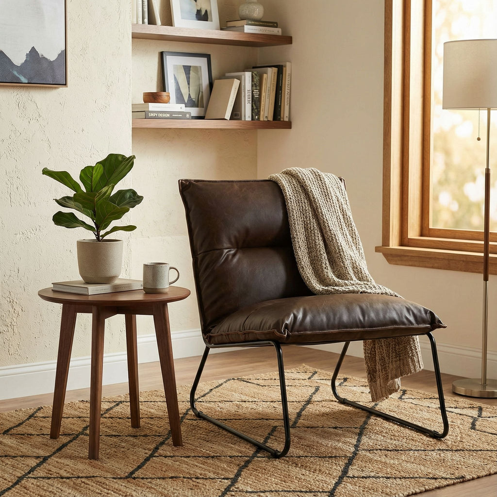 Havana Accent Chair in Distressed Brown faux Leather with Black Metal Legs