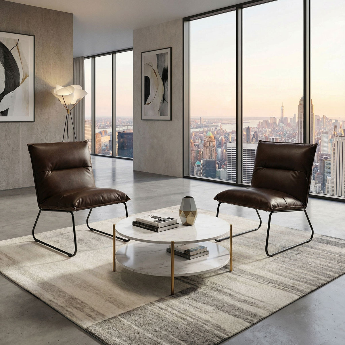 Havana Accent Chair in Distressed Brown faux Leather with Black Metal Legs