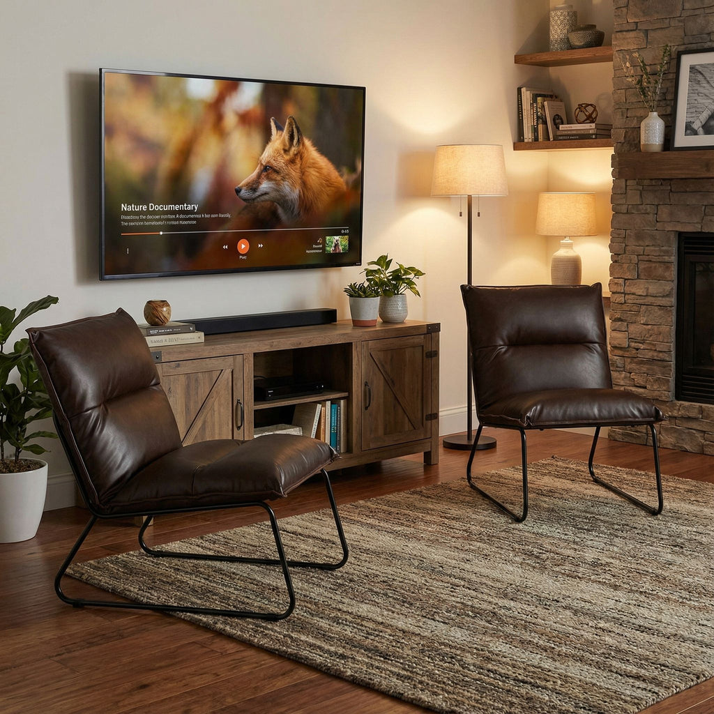 Havana Accent Chair in Distressed Brown faux Leather with Black Metal Legs