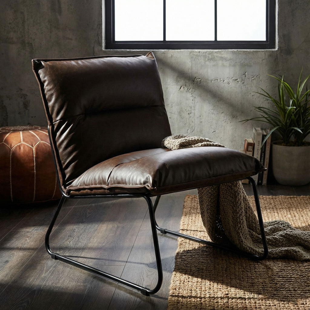Havana Accent Chair in Distressed Brown faux Leather with Black Metal Legs