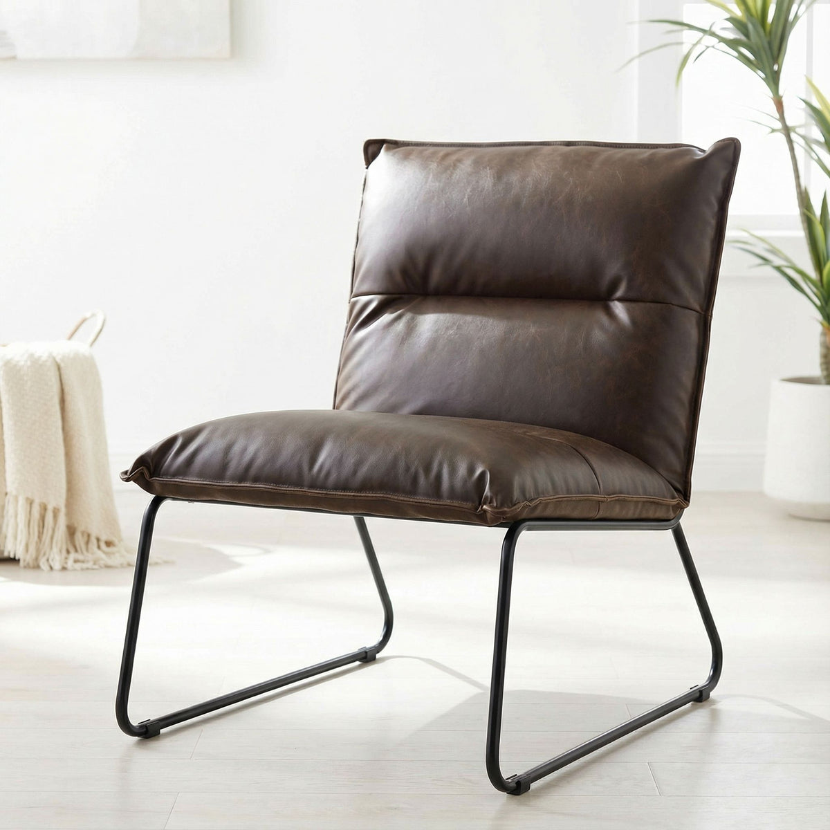 Havana Accent Chair in Distressed Brown faux Leather with Black Metal Legs