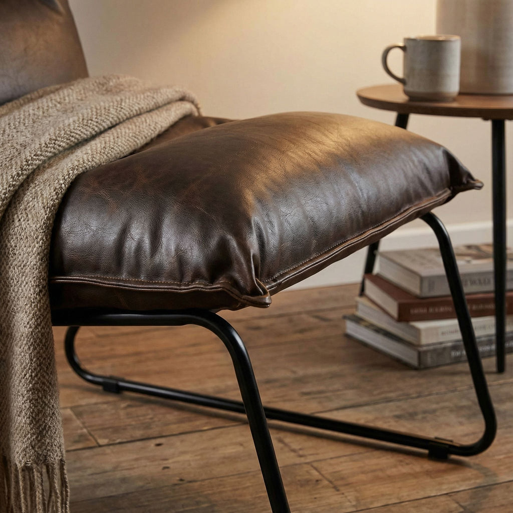 Havana Accent Chair in Distressed Brown faux Leather with Black Metal Legs