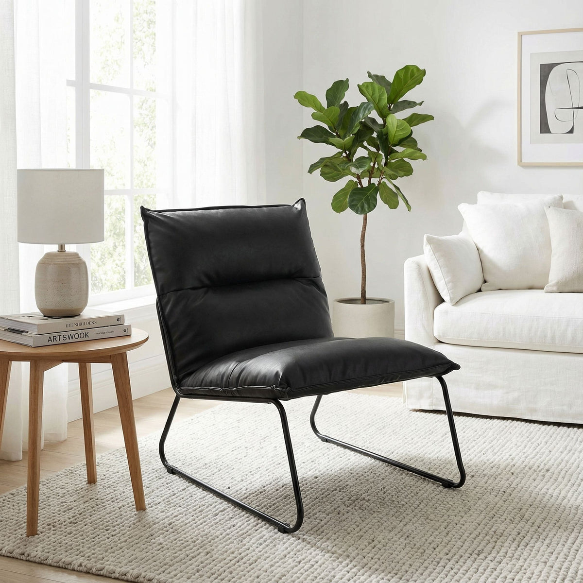 Havana Accent Chair in Distressed Black faux Leather and Metal Legs