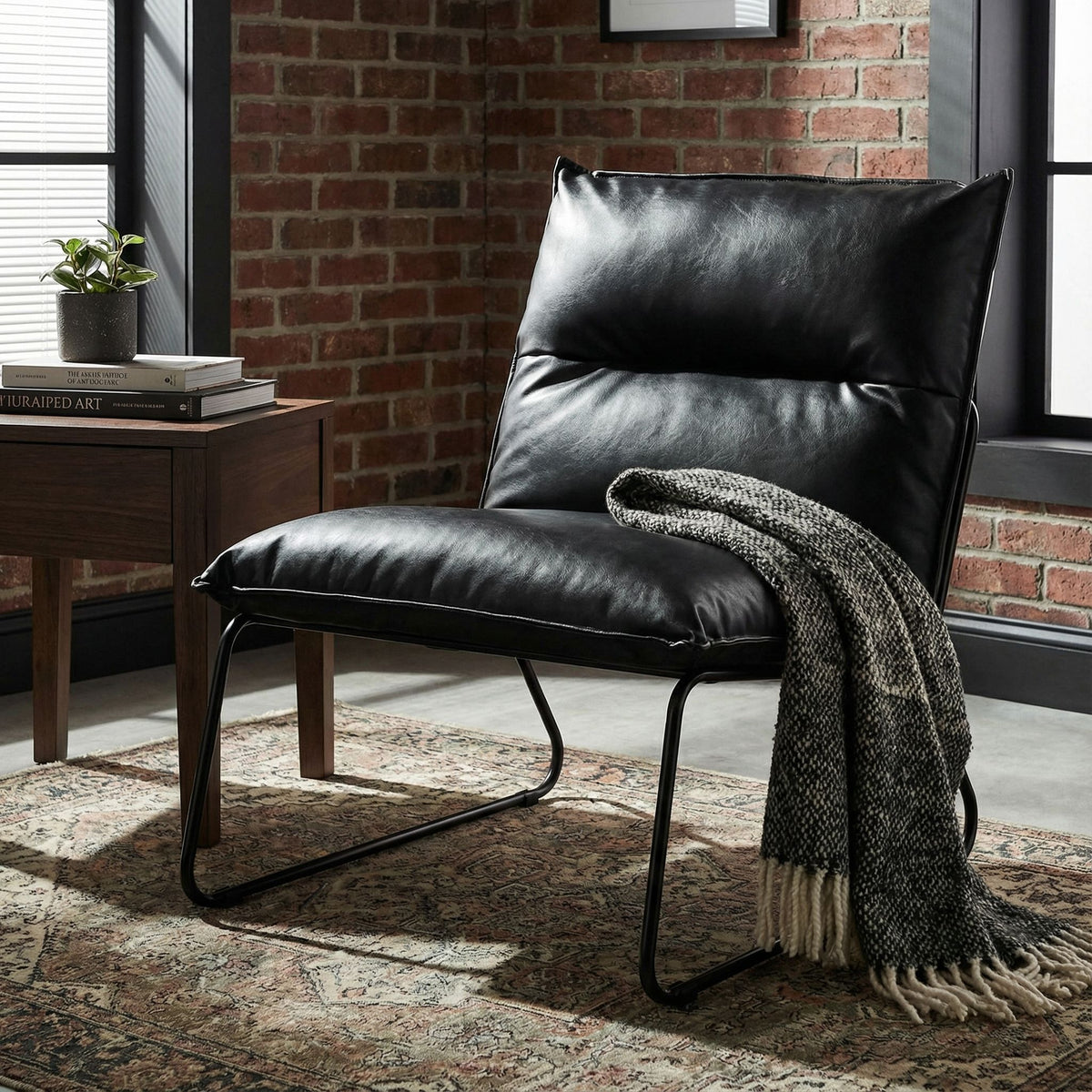 Havana Accent Chair in Distressed Black faux Leather and Metal Legs