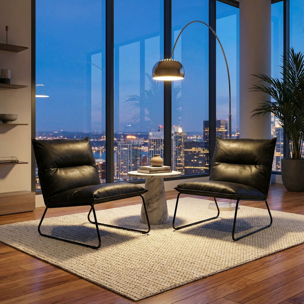 Havana Accent Chair in Distressed Black faux Leather and Metal Legs