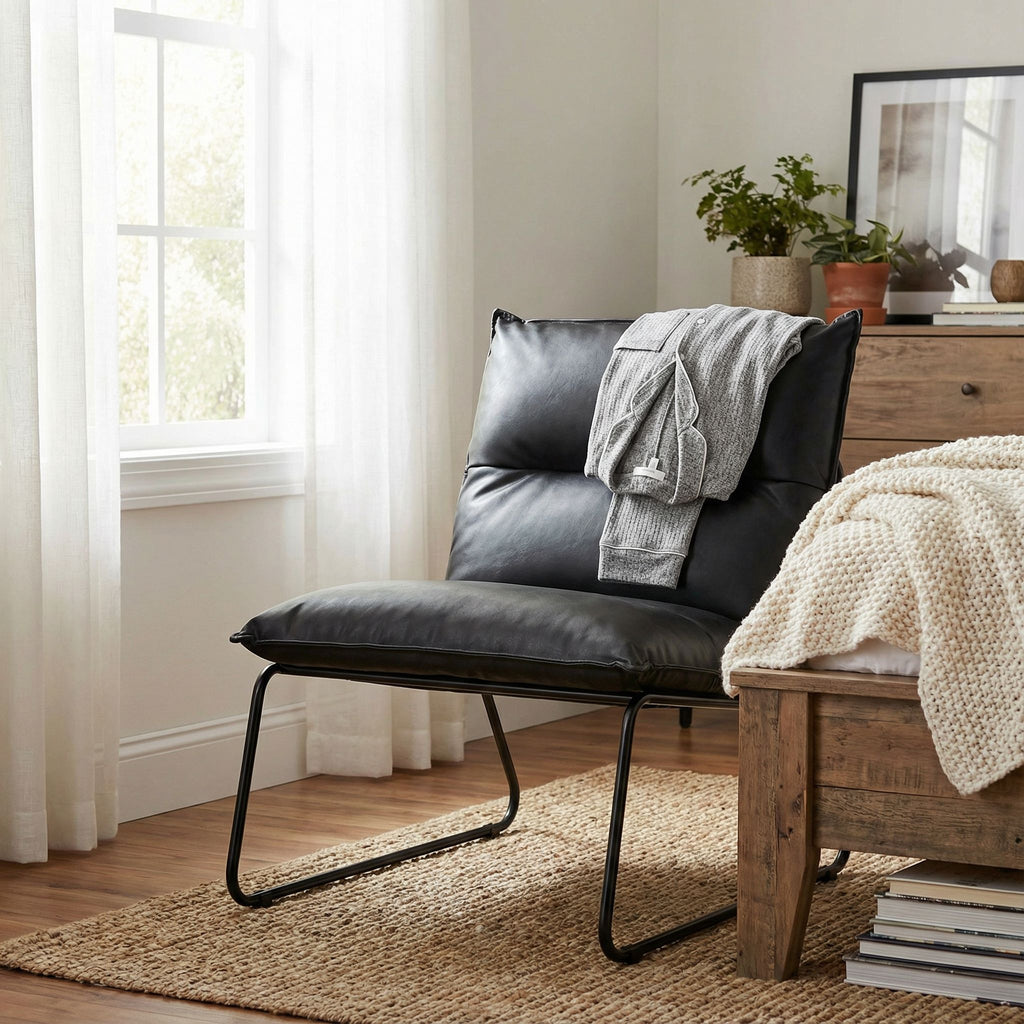 Havana Accent Chair in Distressed Black faux Leather and Metal Legs