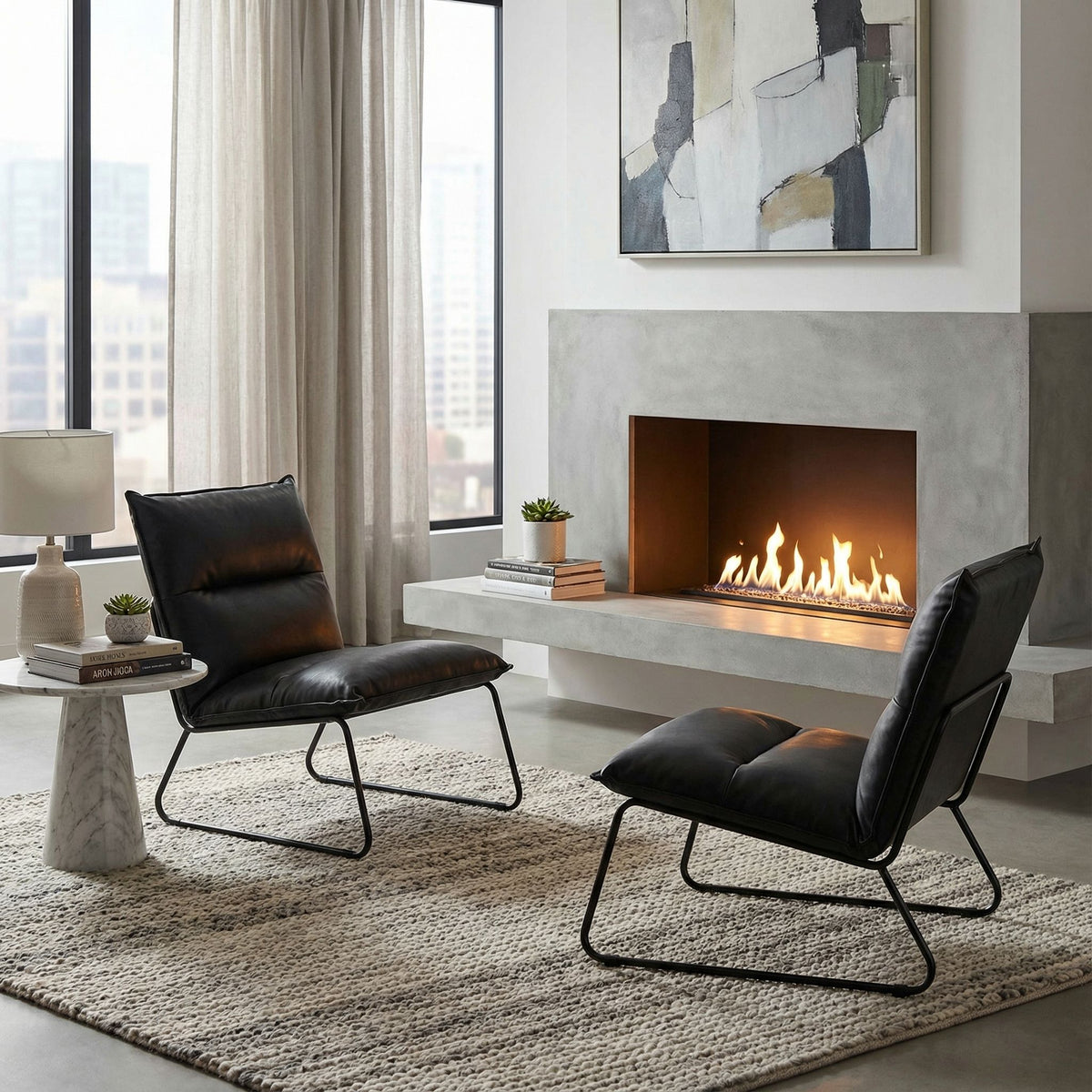 Havana Accent Chair in Distressed Black faux Leather and Metal Legs