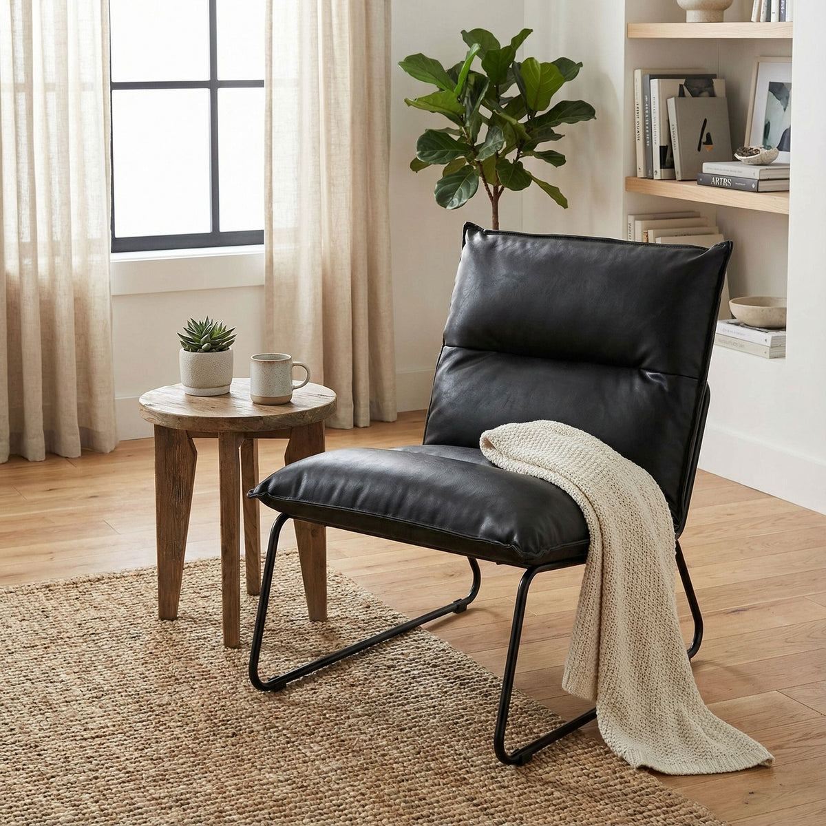 Havana Accent Chair in Distressed Black faux Leather and Metal Legs