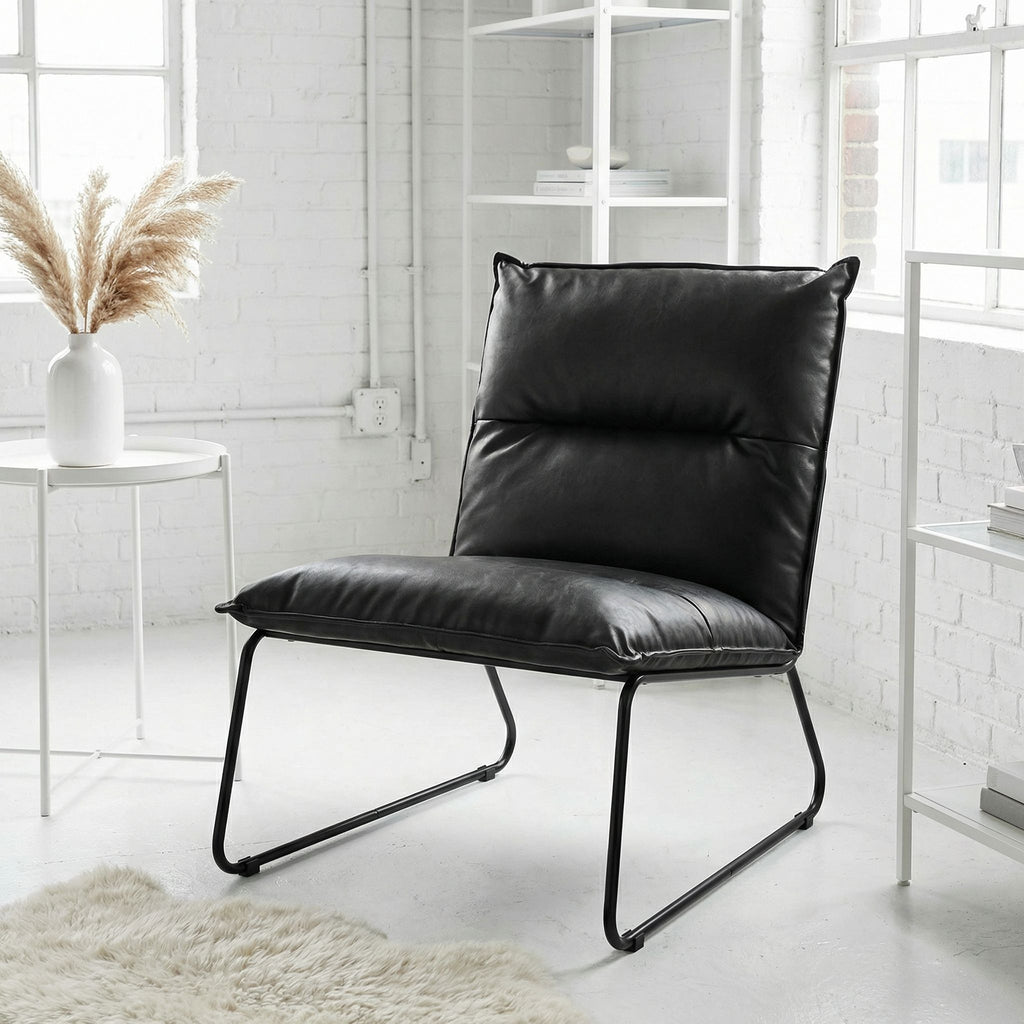 Havana Accent Chair in Distressed Black faux Leather and Metal Legs