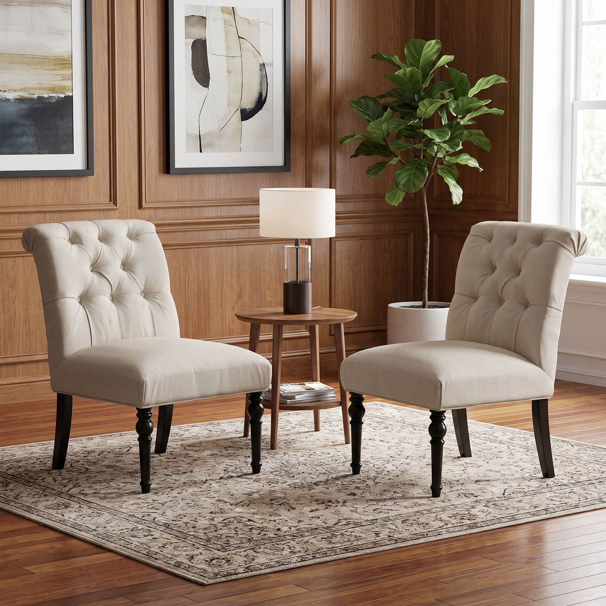 Easton Armless Accent Chair in Beige Fabric