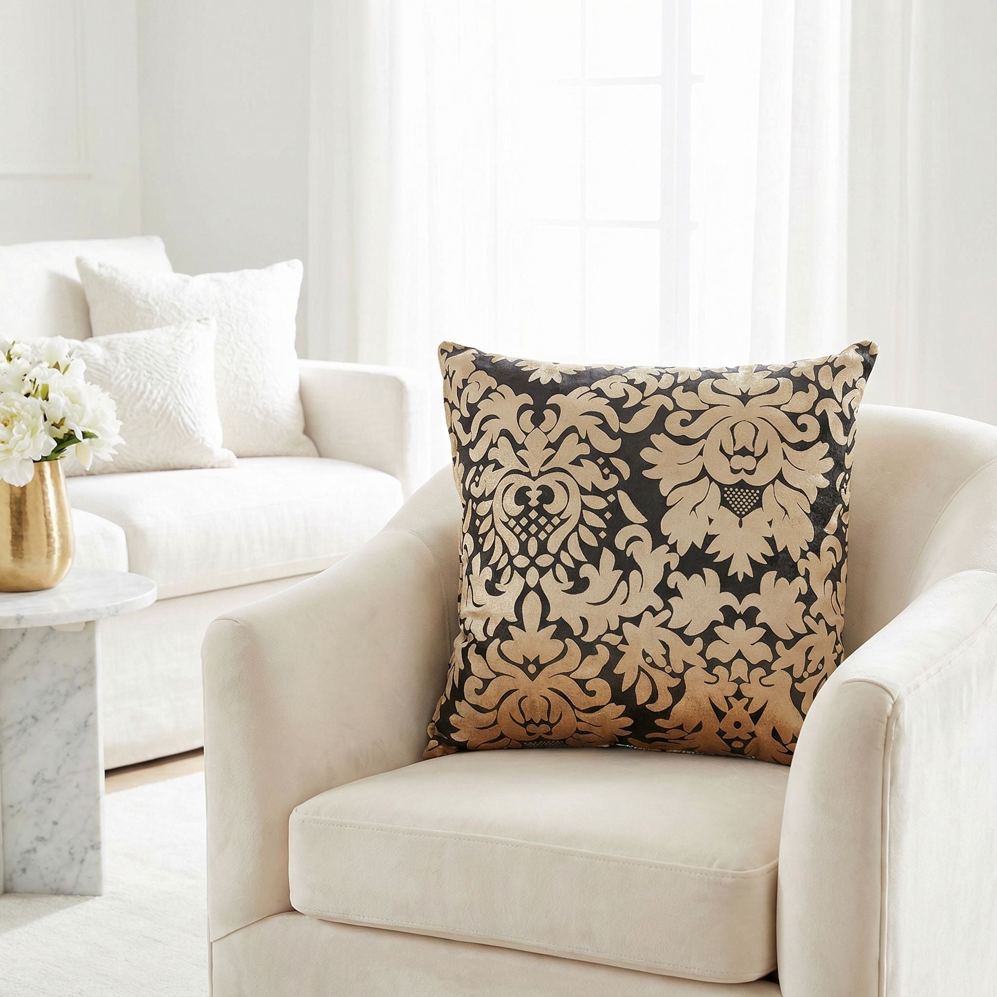 Dama Decorative Damask Square Accent Pillow, Gold