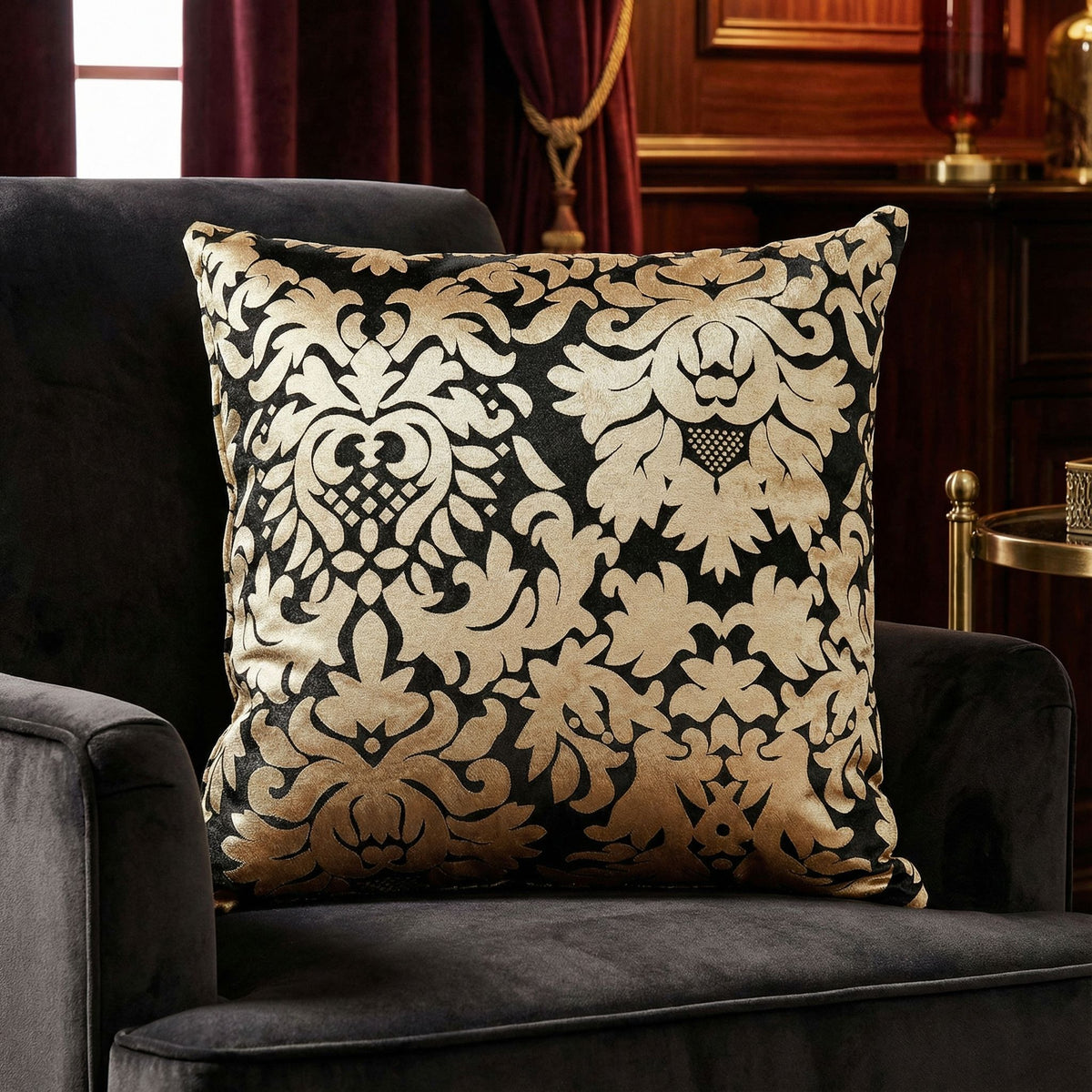 Dama Decorative Damask Square Accent Pillow, Gold