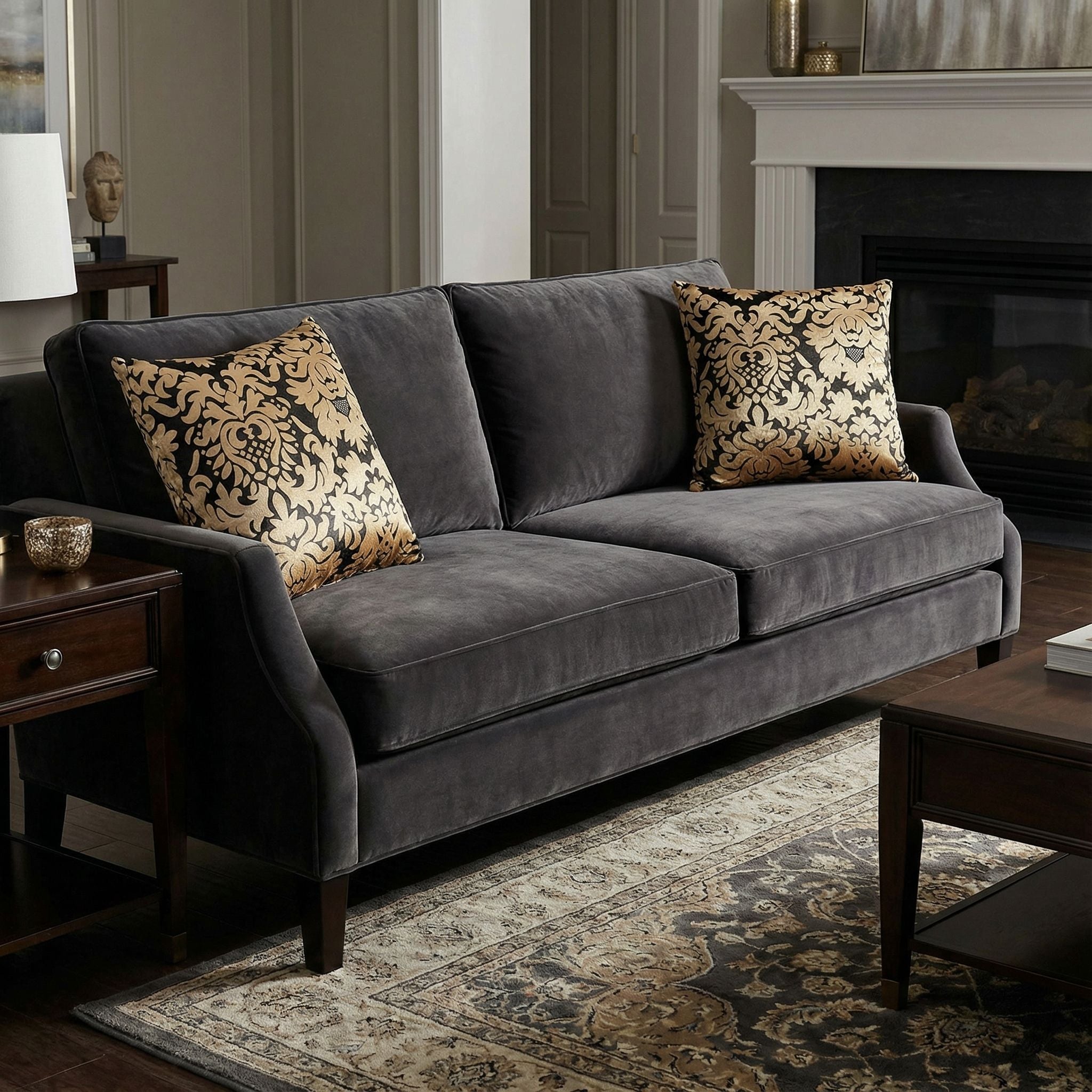 Dama Decorative Damask Square Accent Pillow, Gold