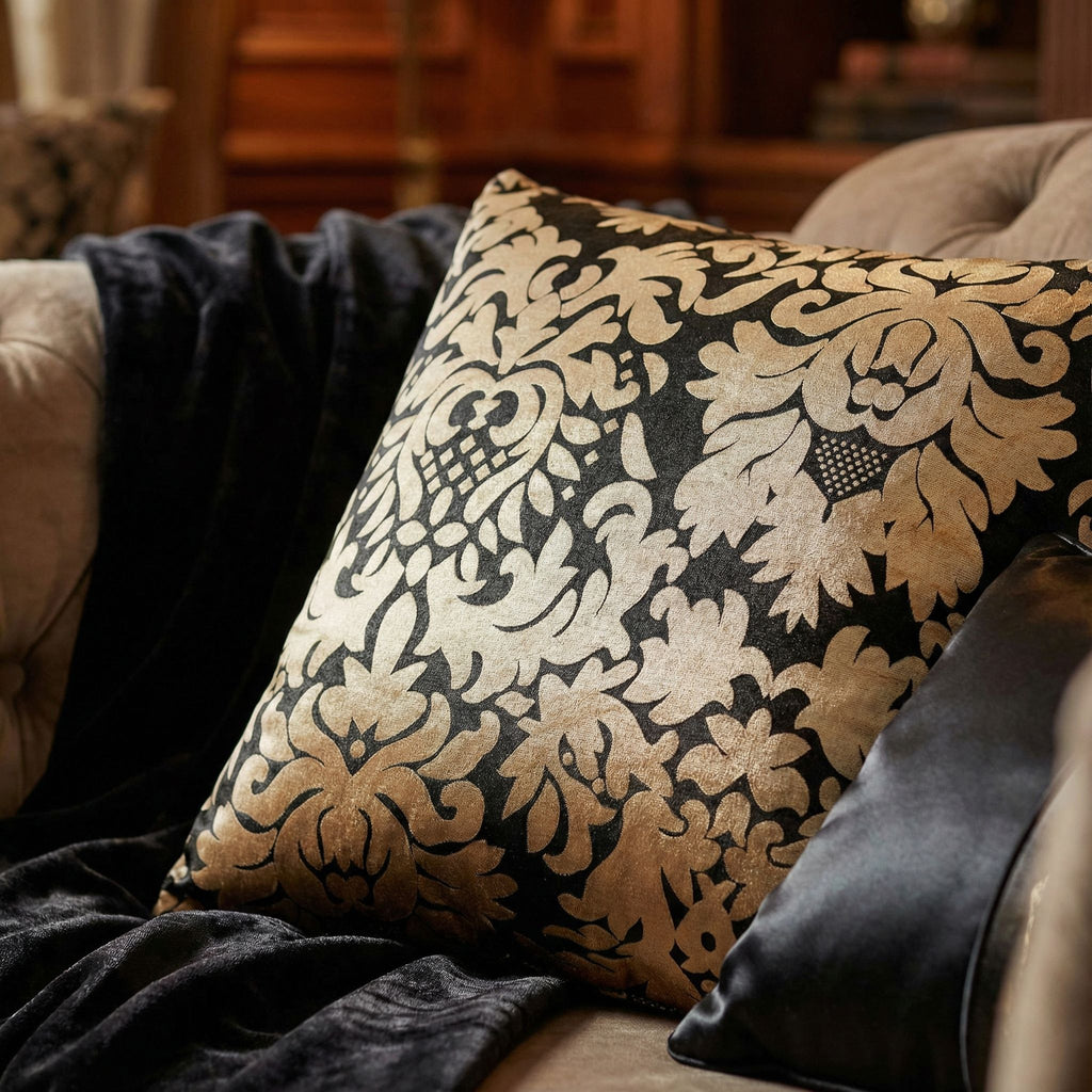 Dama Decorative Damask Square Accent Pillow, Gold