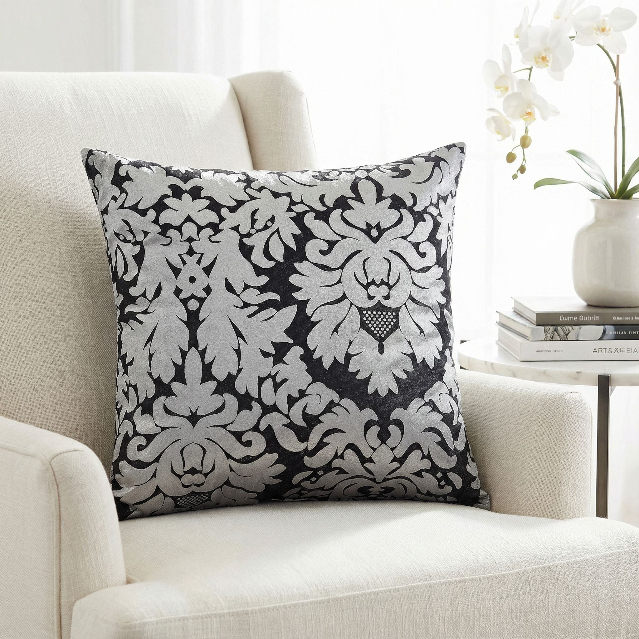 Dama Decorative Damask Square Accent Pillow, Silver