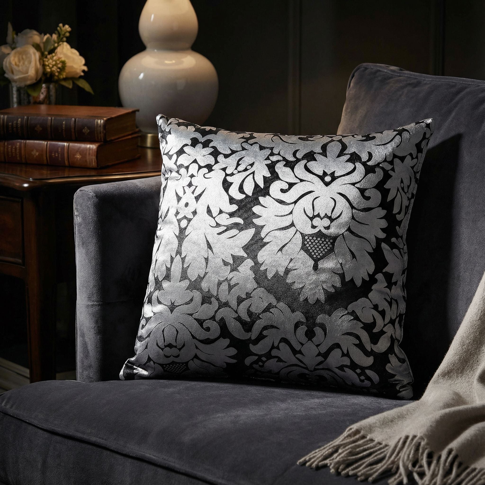 Dama Decorative Damask Square Accent Pillow, Silver