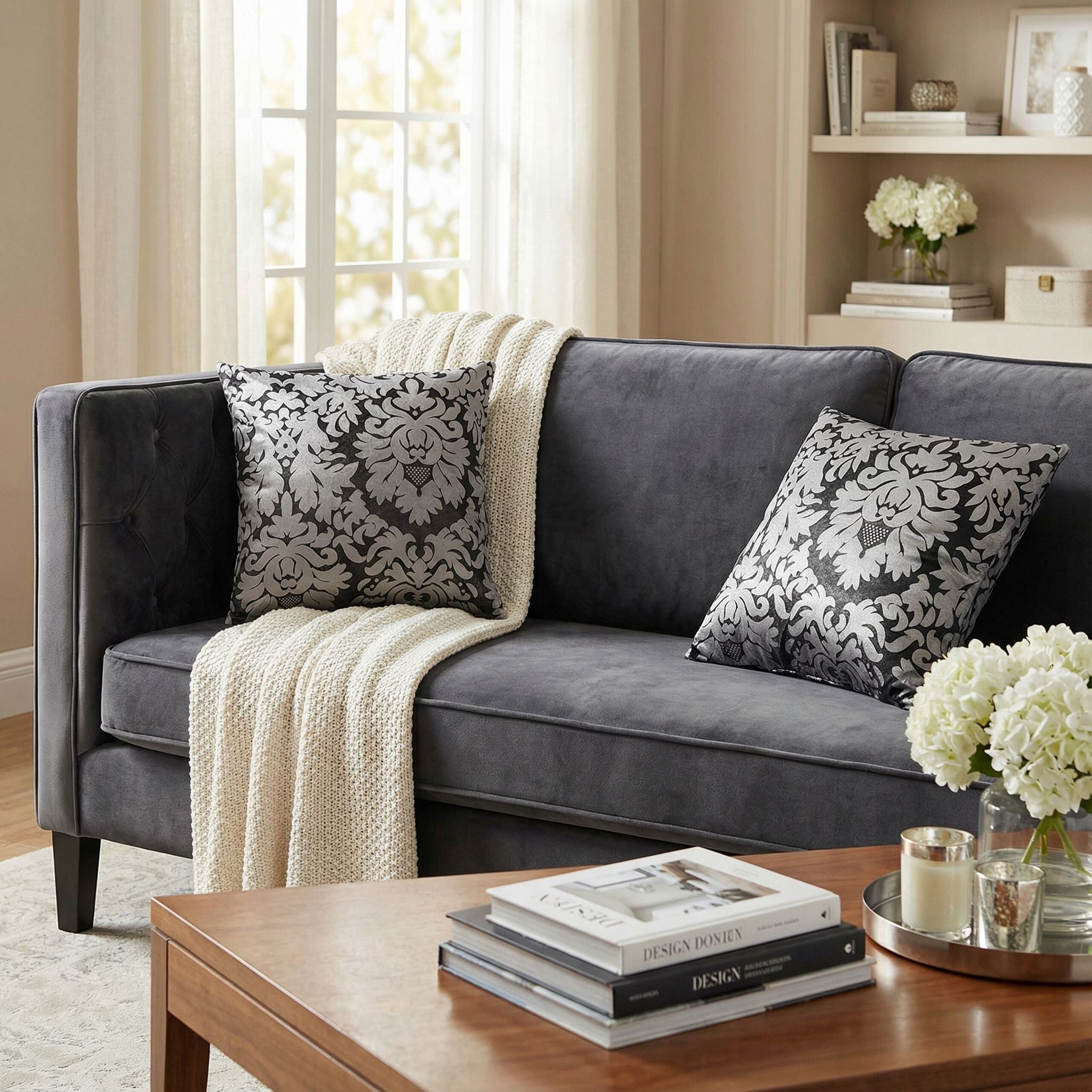 Dama Decorative Damask Square Accent Pillow, Silver