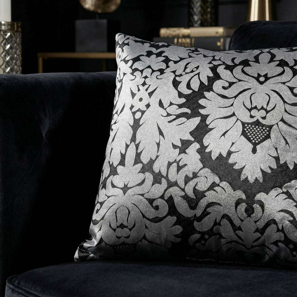 Dama Decorative Damask Square Accent Pillow, Silver