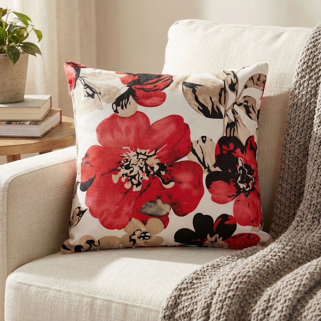 Oppy Decorative  Square Accent Pillow, Red Flower Print 16"x16"
