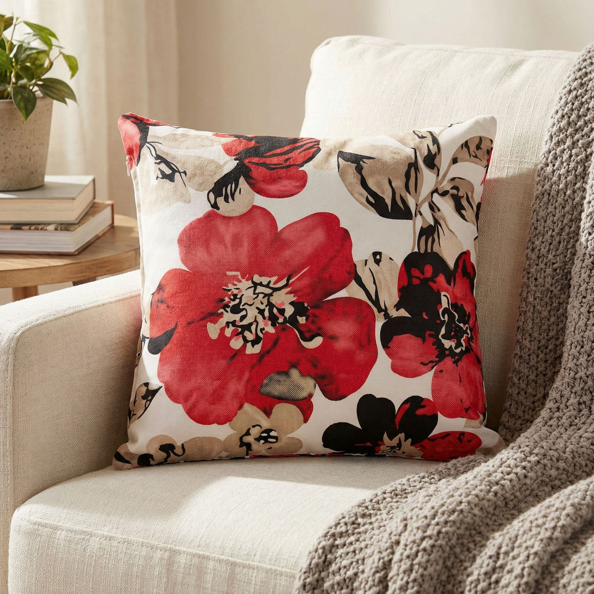 Oppy Decorative  Square Accent Pillow, Red Flower Print 16"x16"