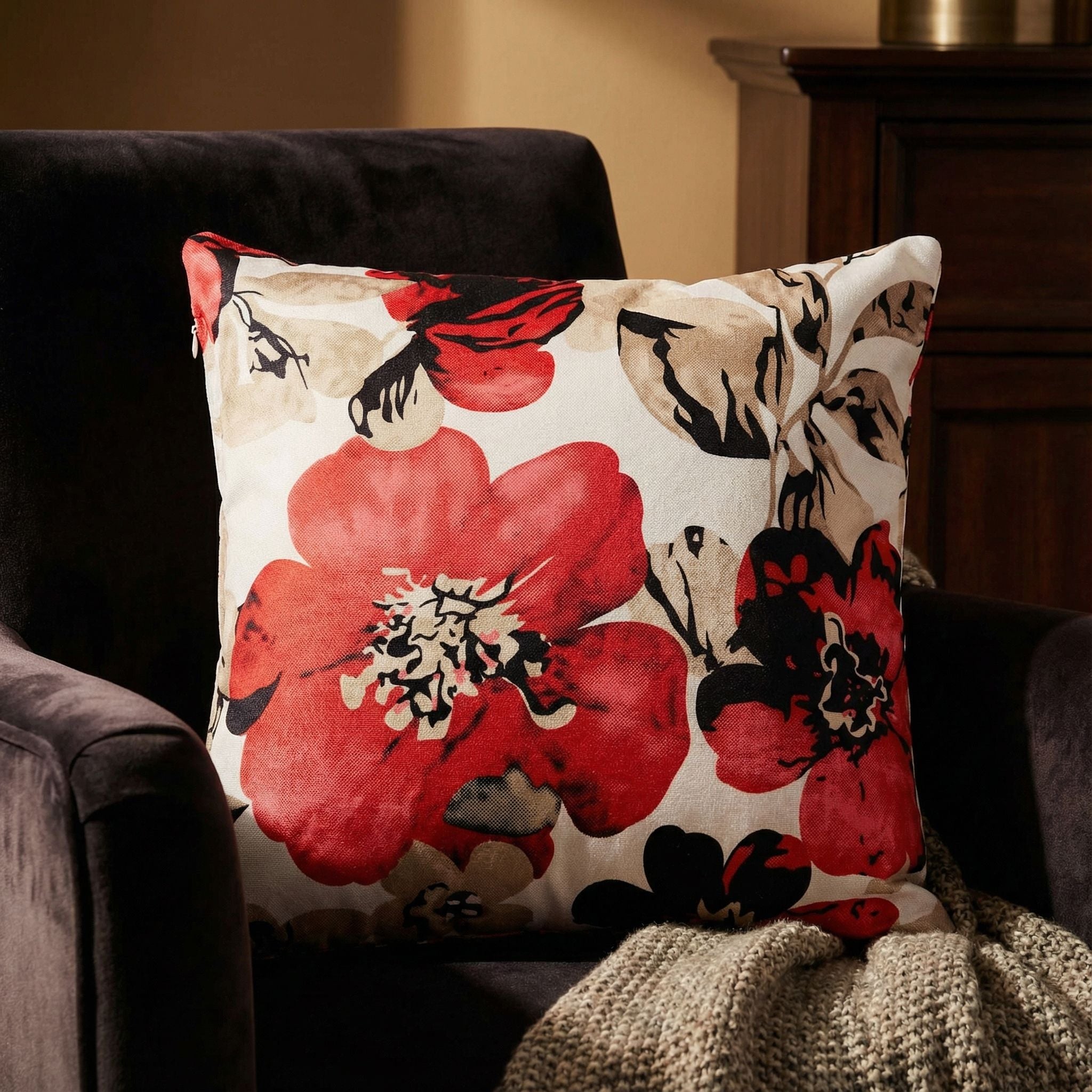 Oppy Decorative  Square Accent Pillow, Red Flower Print 16"x16"