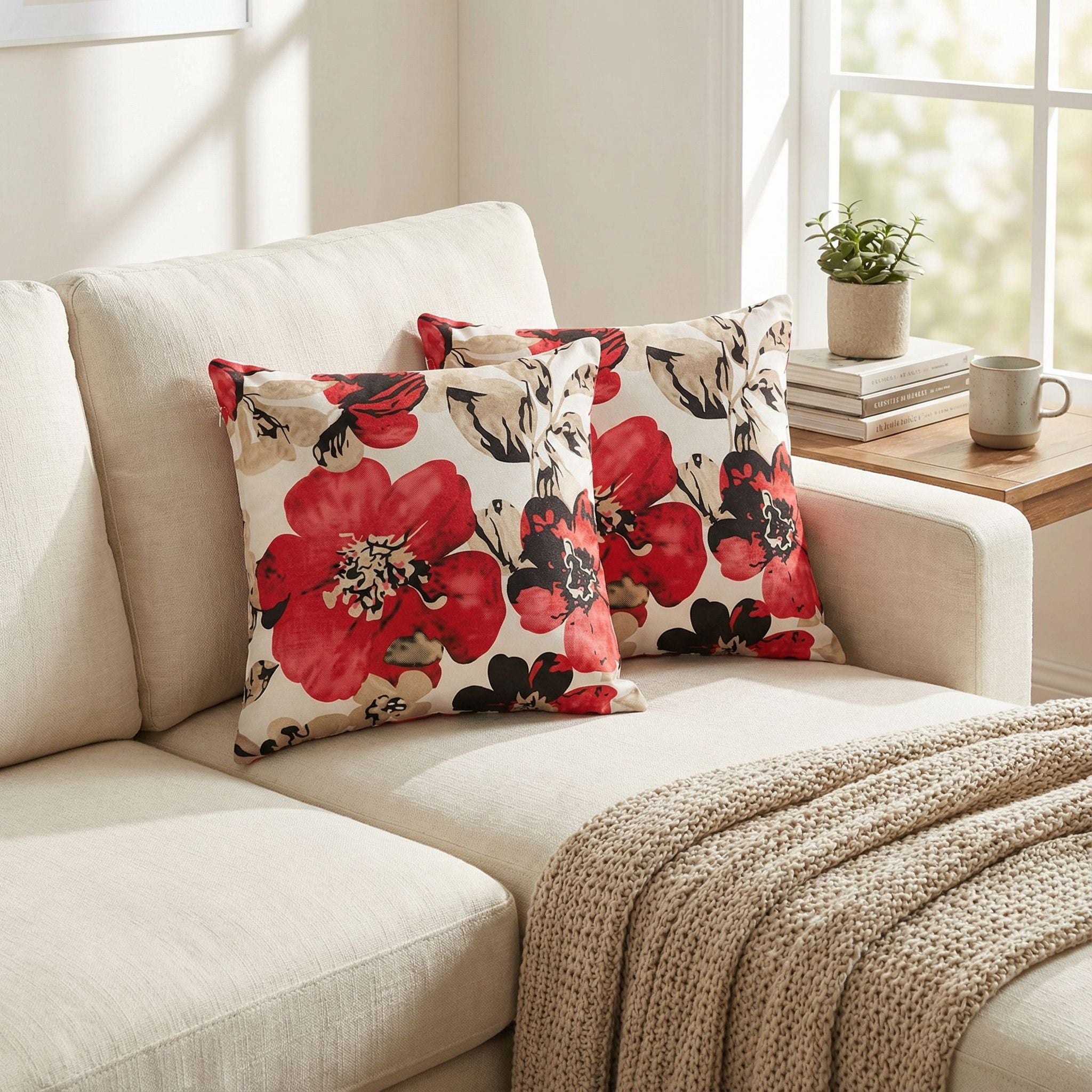 Oppy Decorative  Square Accent Pillow, Red Flower Print 16"x16"