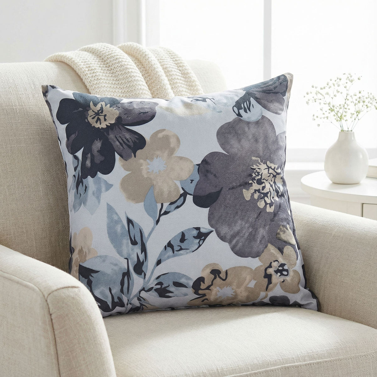 Oppy Decorative  Square Accent Pillow, Blue Flower Print 16x16