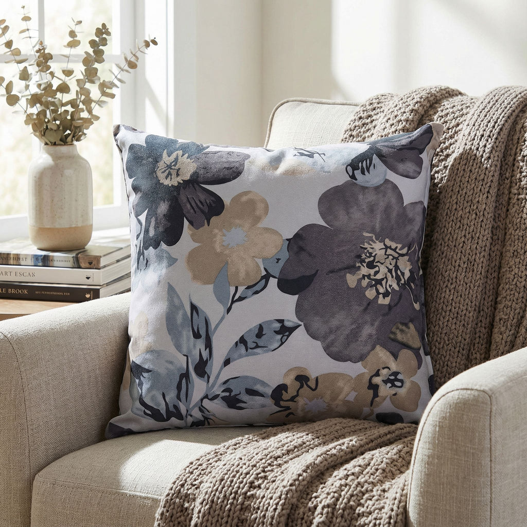 Oppy Decorative  Square Accent Pillow, Blue Flower Print 16x16
