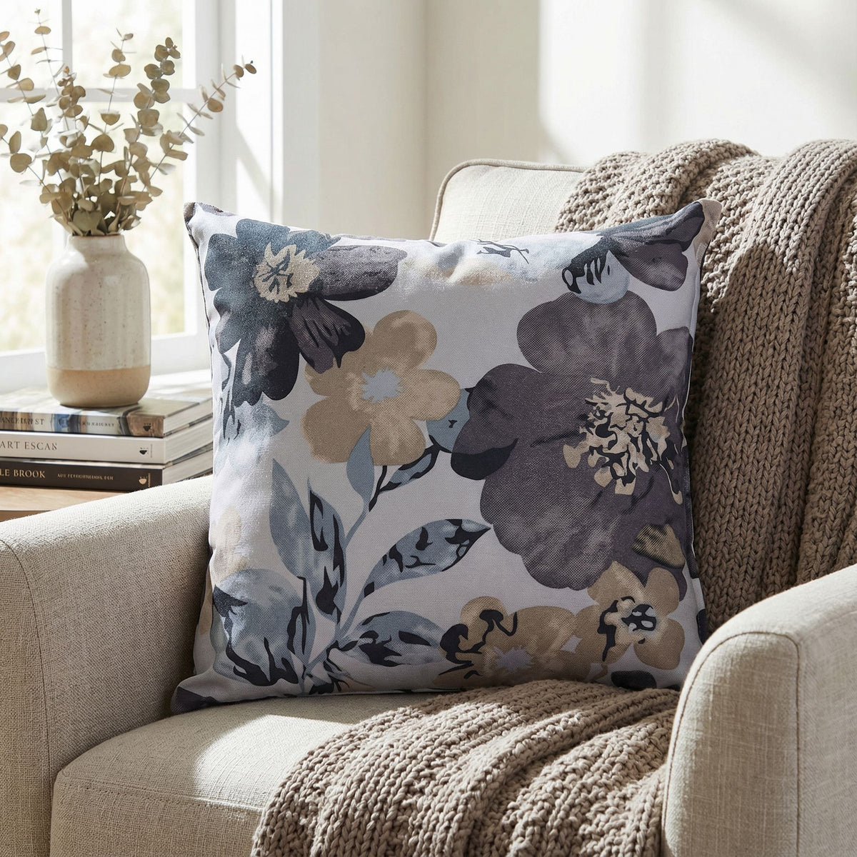 Oppy Decorative  Square Accent Pillow, Blue Flower Print 16x16