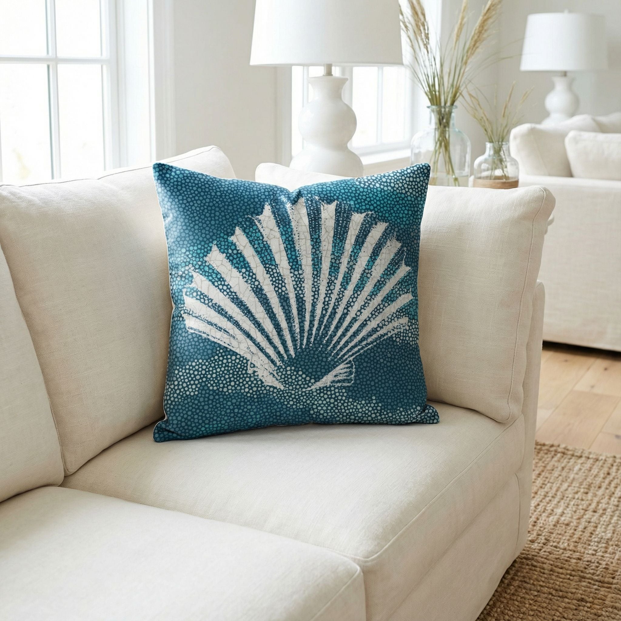 'Sea Glass I' Decorative Soft Velvet, Square 18"x18" Accent Throw Pillow with Insert, Blue Seashell