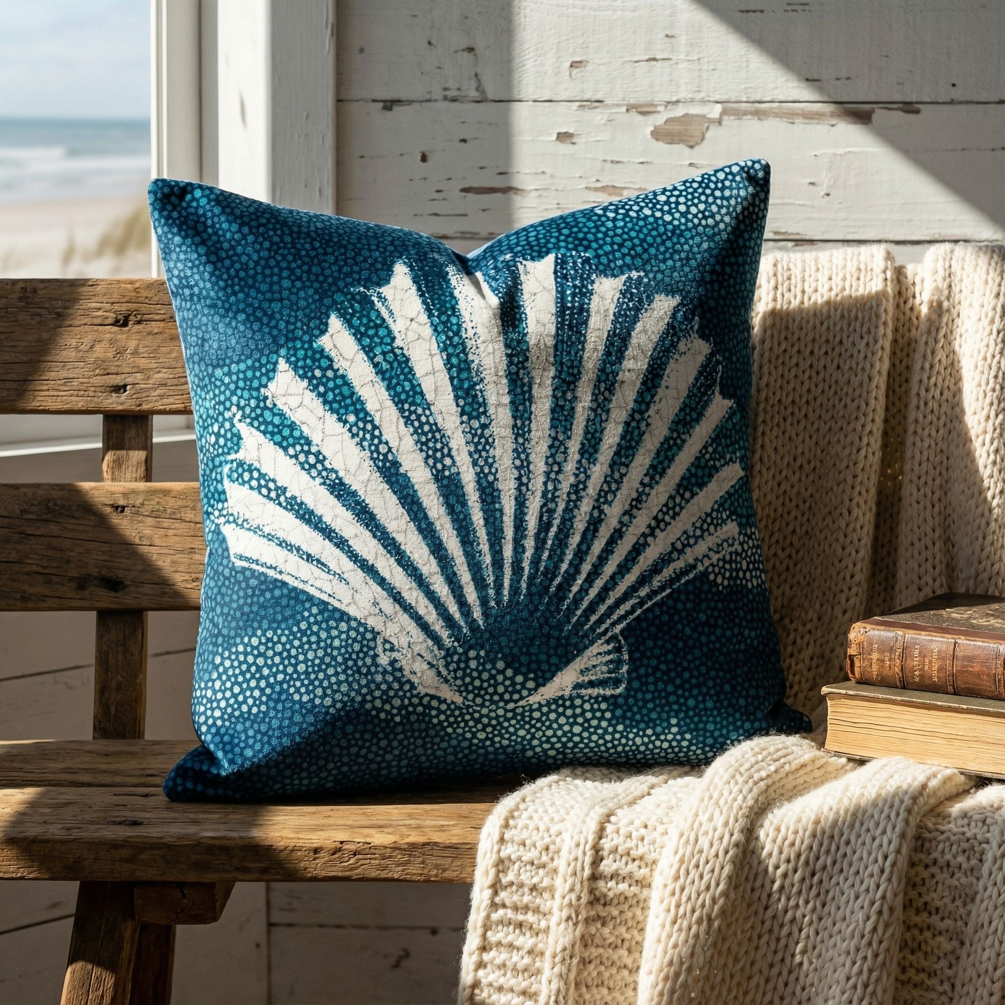 'Sea Glass I' Decorative Soft Velvet, Square 18"x18" Accent Throw Pillow with Insert, Blue Seashell