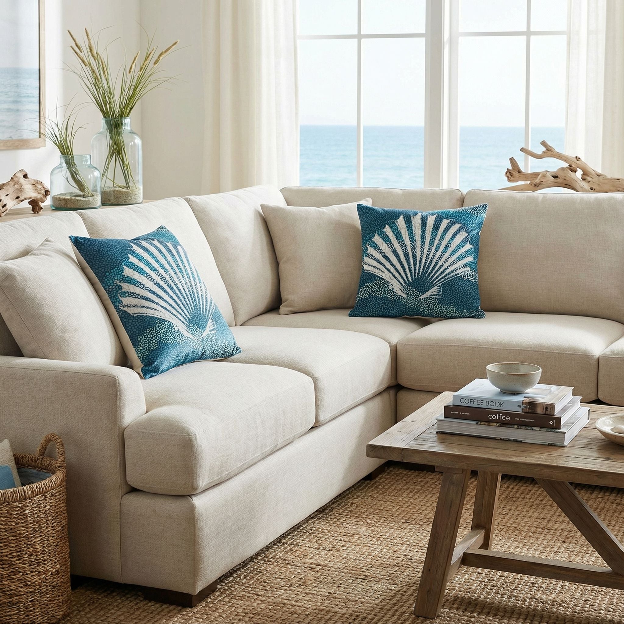 'Sea Glass I' Decorative Soft Velvet, Square 18"x18" Accent Throw Pillow with Insert, Blue Seashell