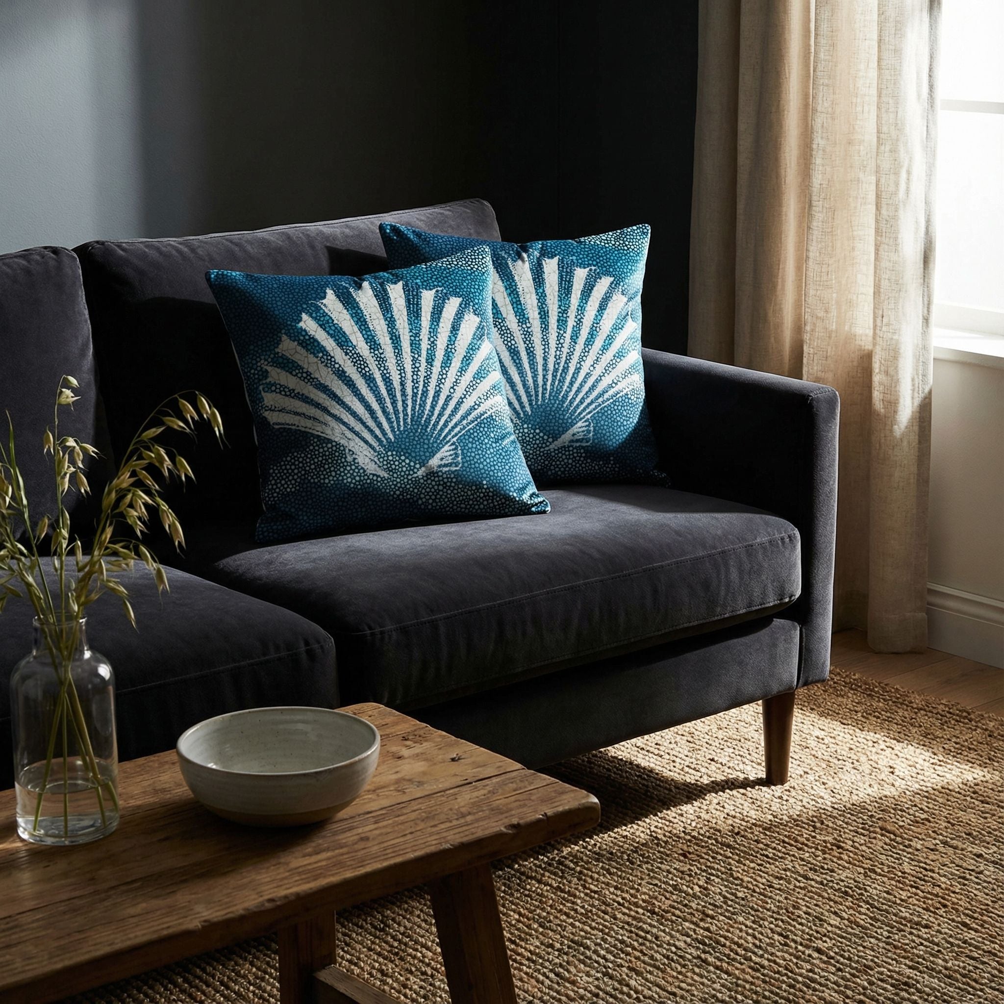 'Sea Glass I' Decorative Soft Velvet, Square 18"x18" Accent Throw Pillow with Insert, Blue Seashell