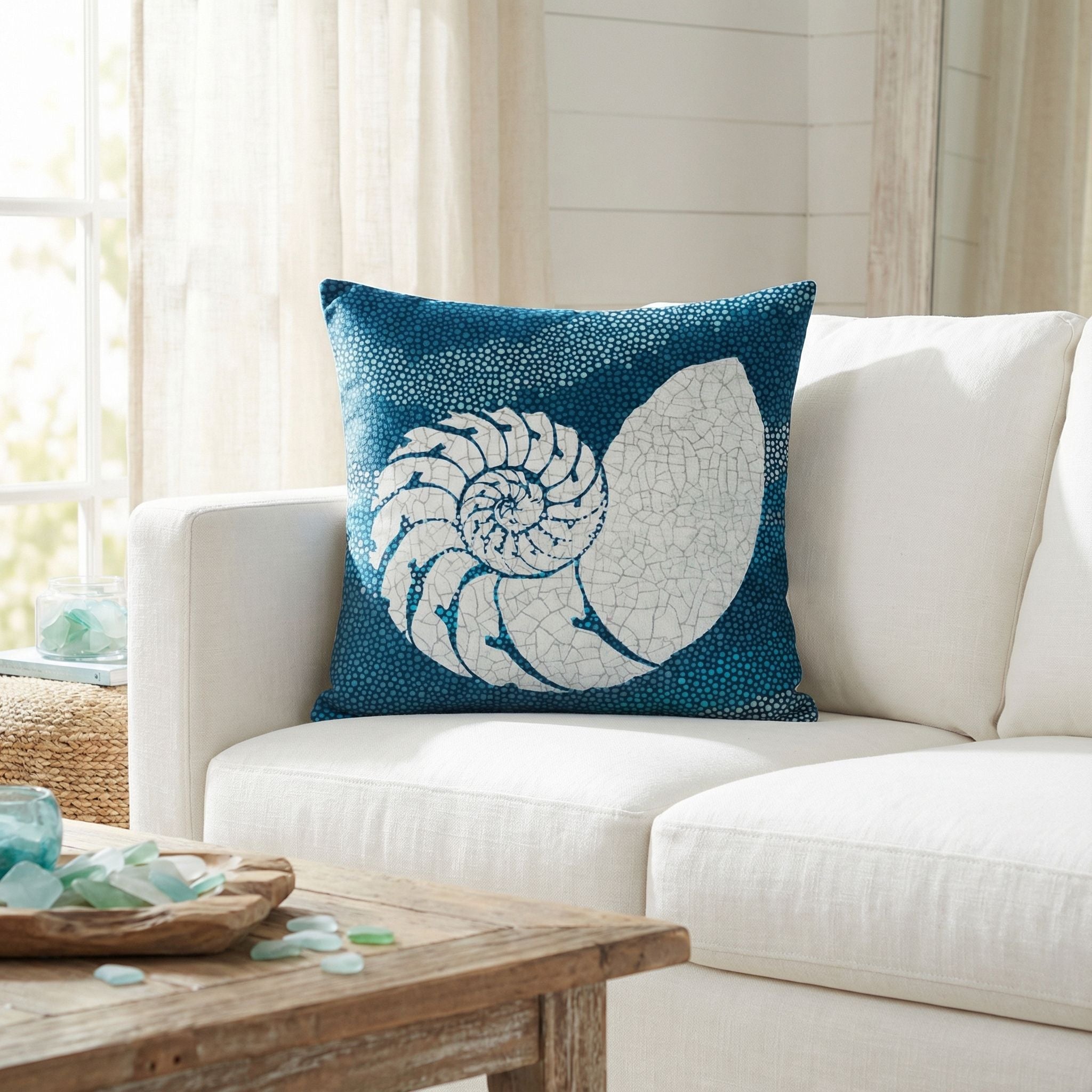 'Sea Glass III' Decorative Soft Velvet, Square 18"x18" Accent Throw Pillow with Insert, Blue Seashell