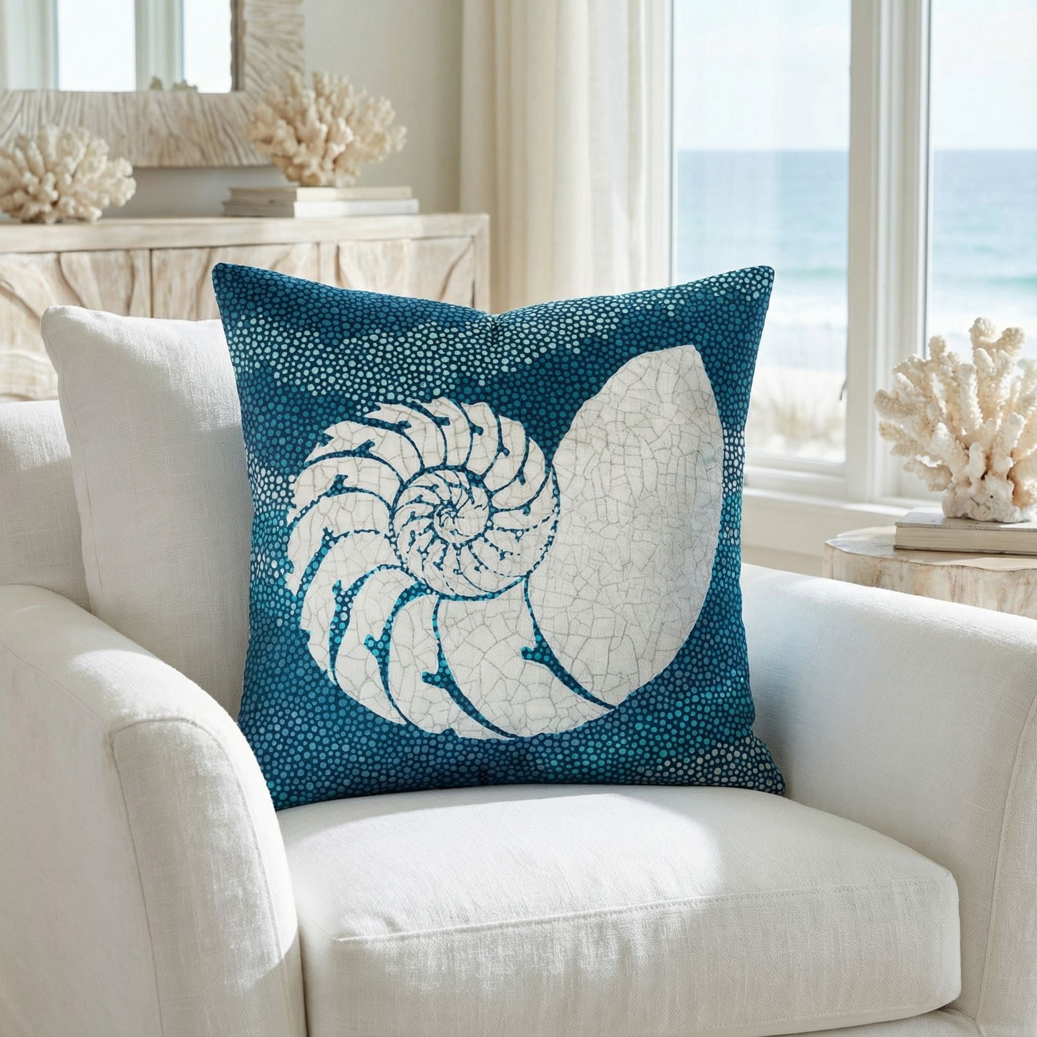 'Sea Glass III' Decorative Soft Velvet, Square 18"x18" Accent Throw Pillow with Insert, Blue Seashell
