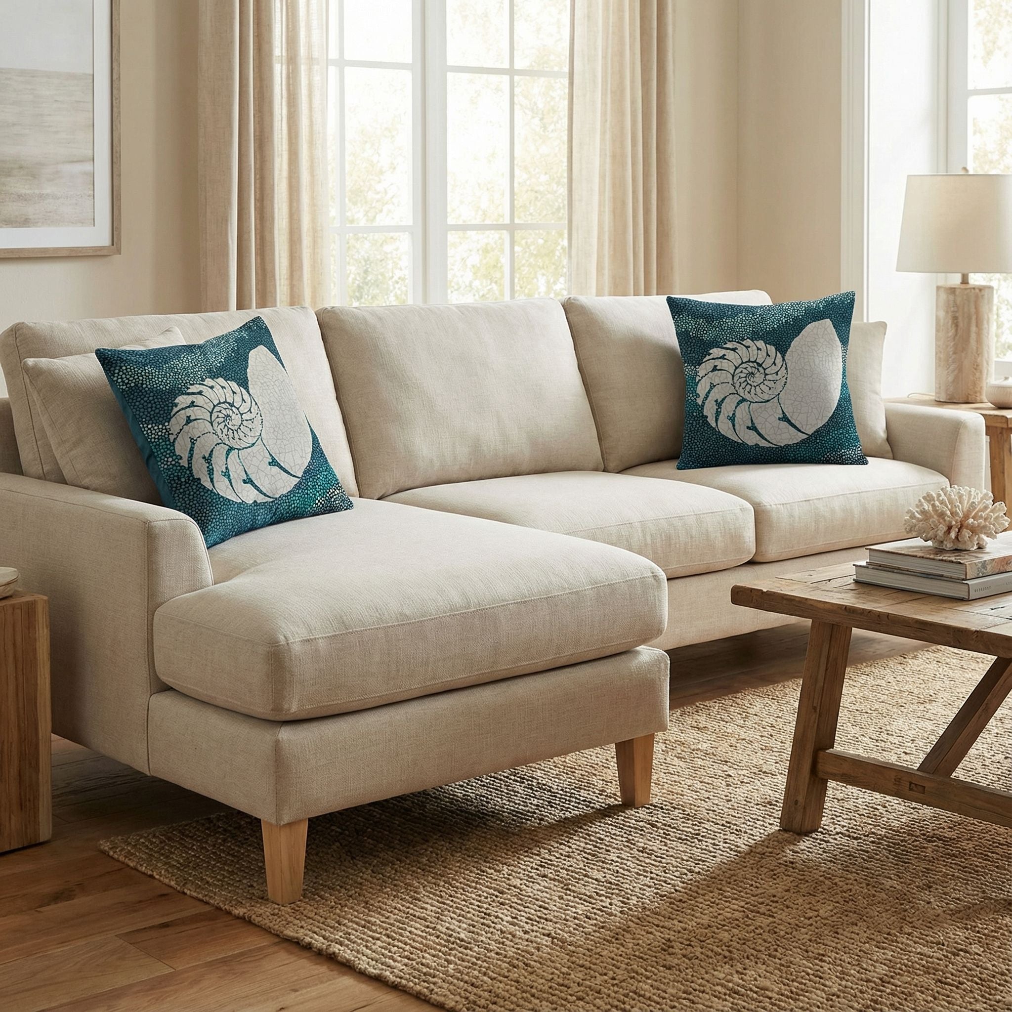 'Sea Glass III' Decorative Soft Velvet, Square 18"x18" Accent Throw Pillow with Insert, Blue Seashell