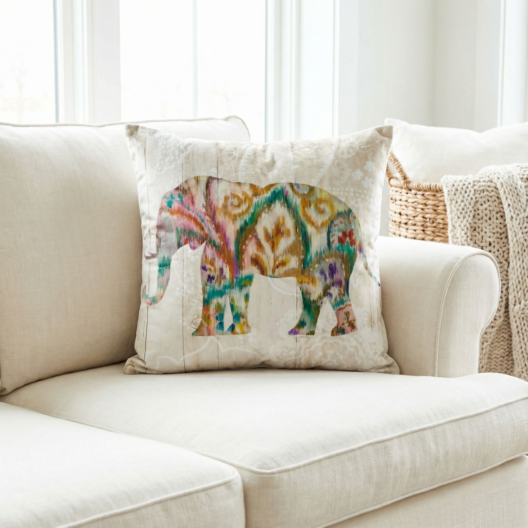 'Boho Paisley Elephant II' by Danhui Nai, Decorative Soft Velvet Square 18"x18" Accent Throw Pillow with Insert