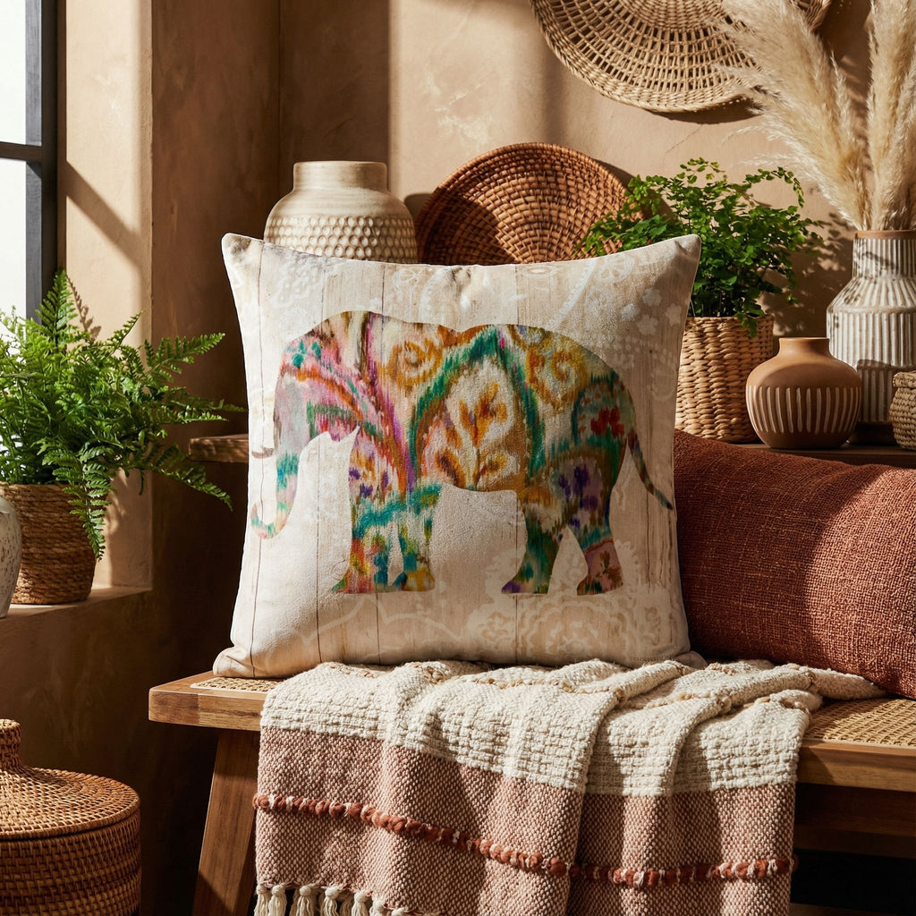 'Boho Paisley Elephant II' by Danhui Nai, Decorative Soft Velvet Square 18"x18" Accent Throw Pillow with Insert