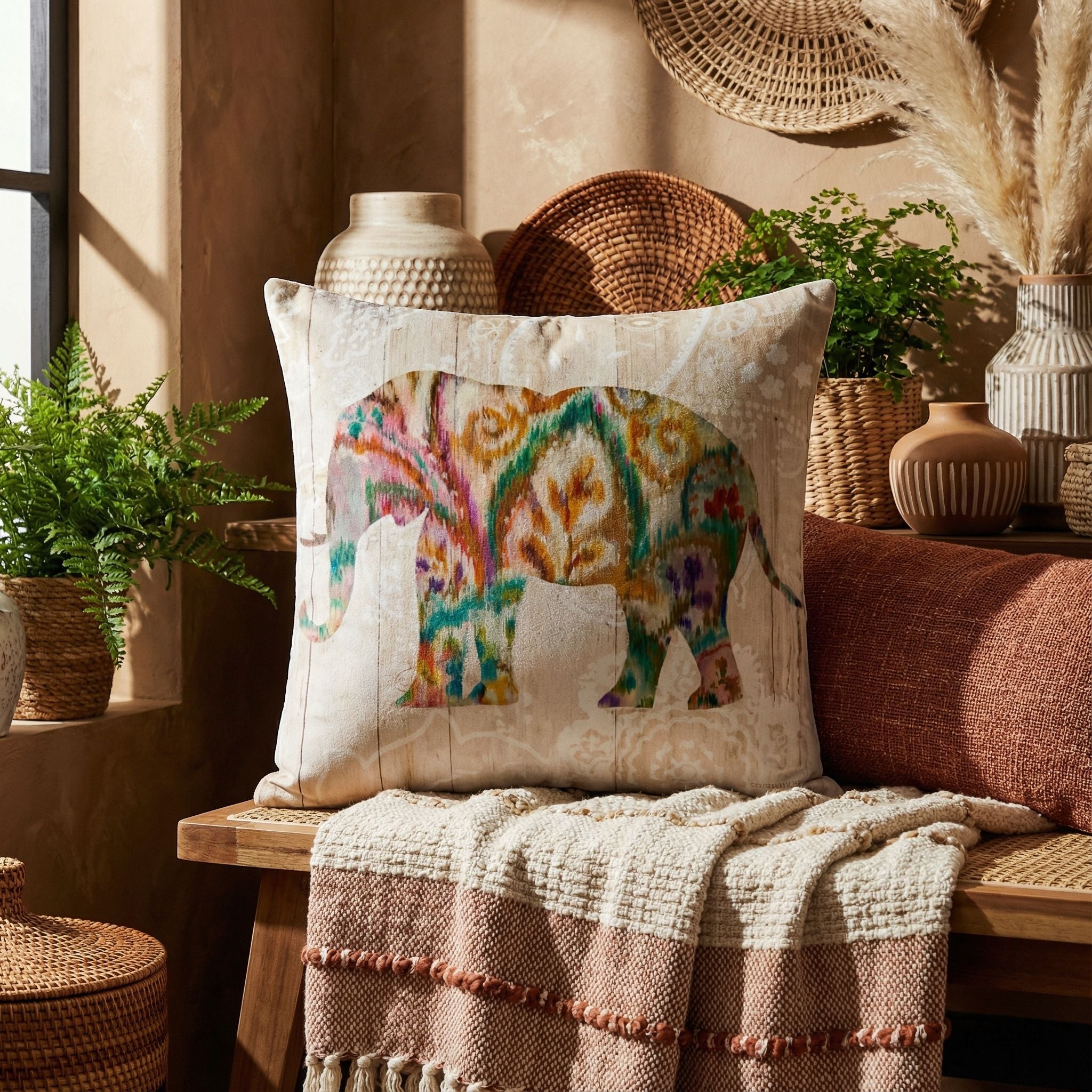 'Boho Paisley Elephant II' by Danhui Nai, Decorative Soft Velvet Square 18"x18" Accent Throw Pillow with Insert