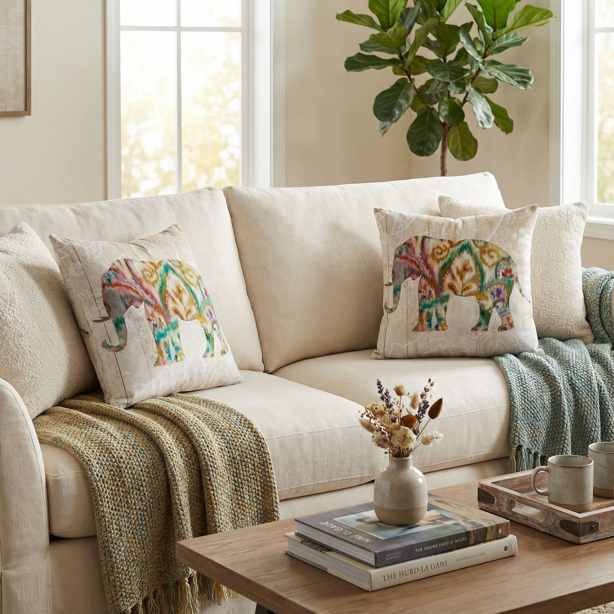 'Boho Paisley Elephant II' by Danhui Nai, Decorative Soft Velvet Square 18"x18" Accent Throw Pillow with Insert