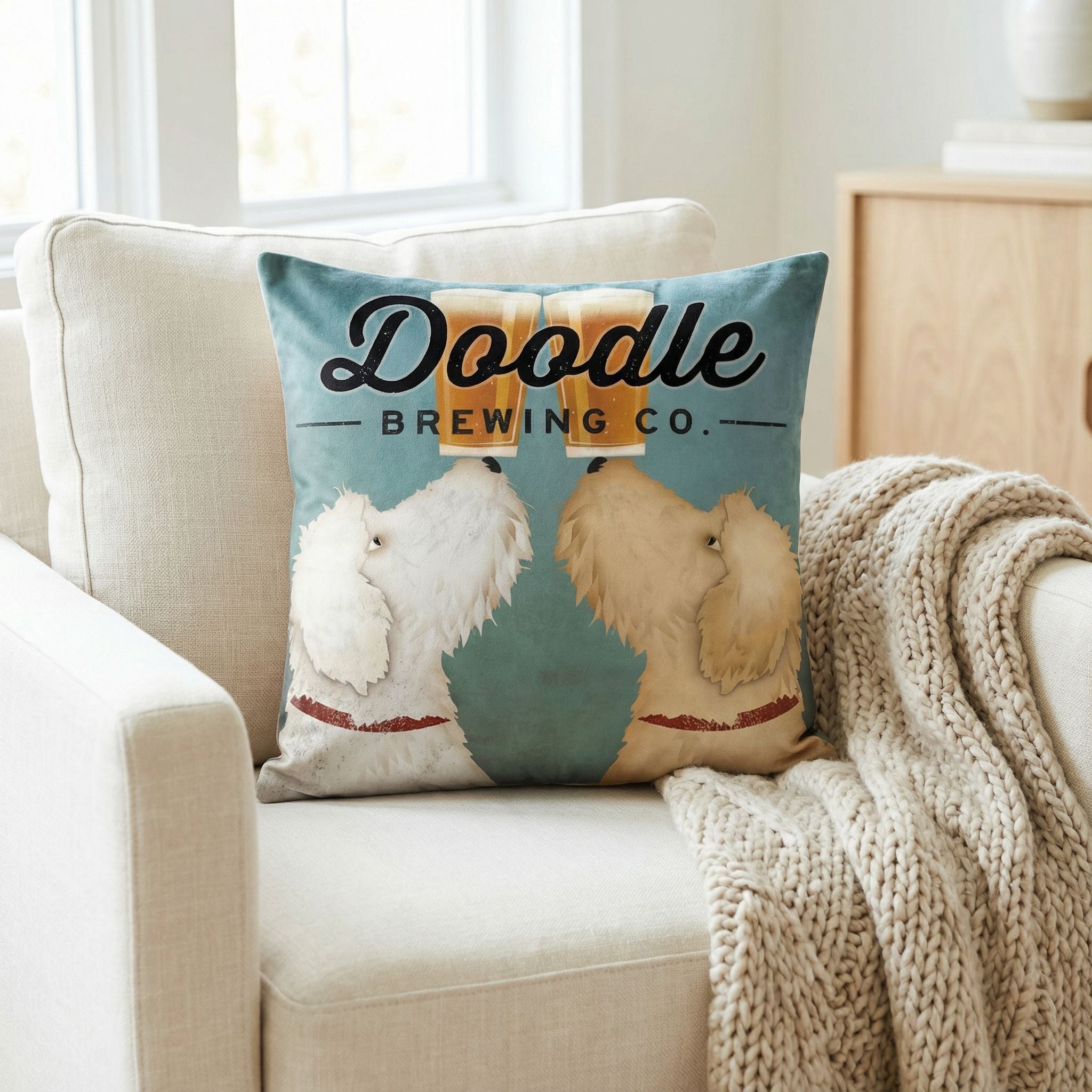 'Doodle Beer Double' by Ryan Fowler, Decorative Soft Velvet Square 18"x18" Accent Throw Pillow with Insert