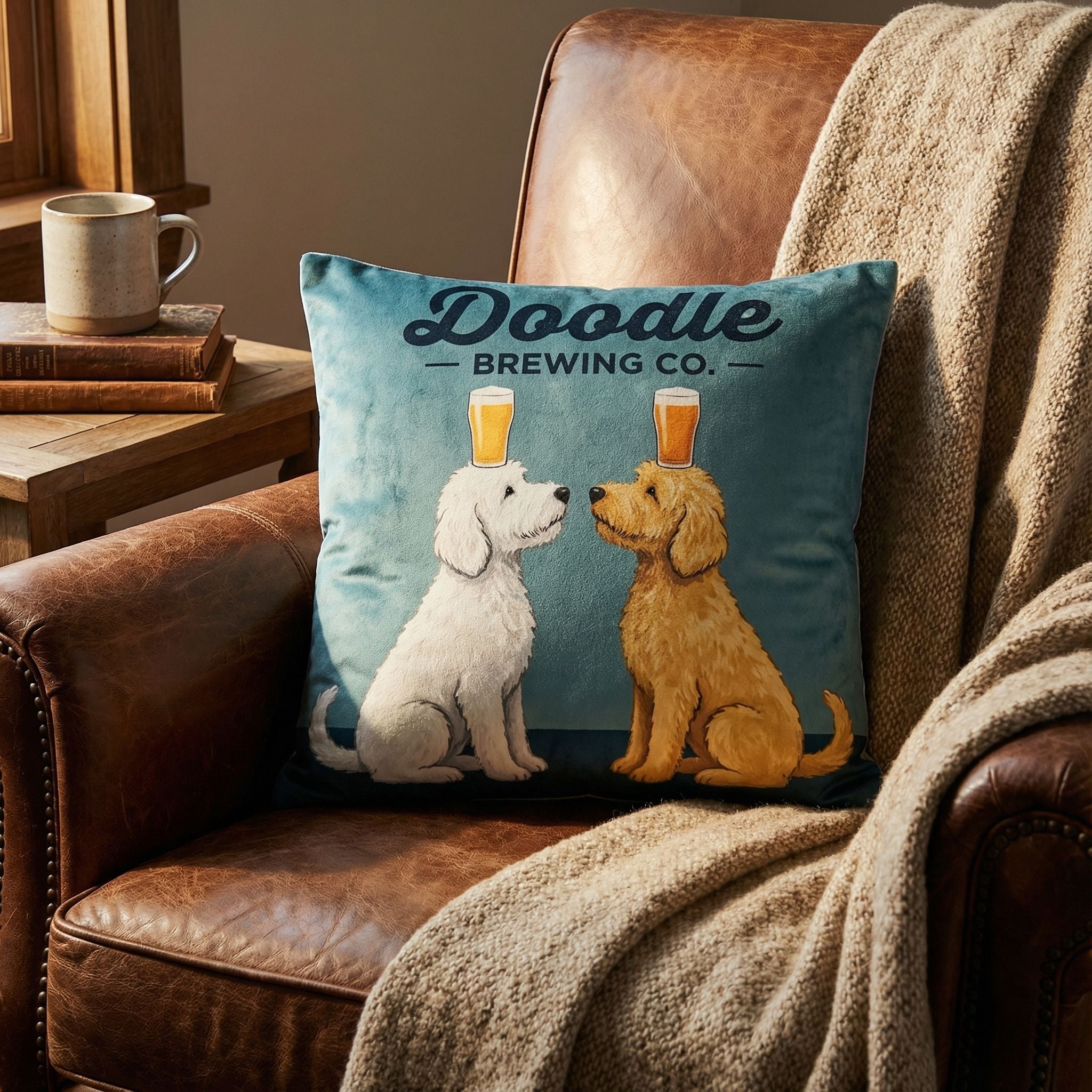 'Doodle Beer Double' by Ryan Fowler, Decorative Soft Velvet Square 18"x18" Accent Throw Pillow with Insert